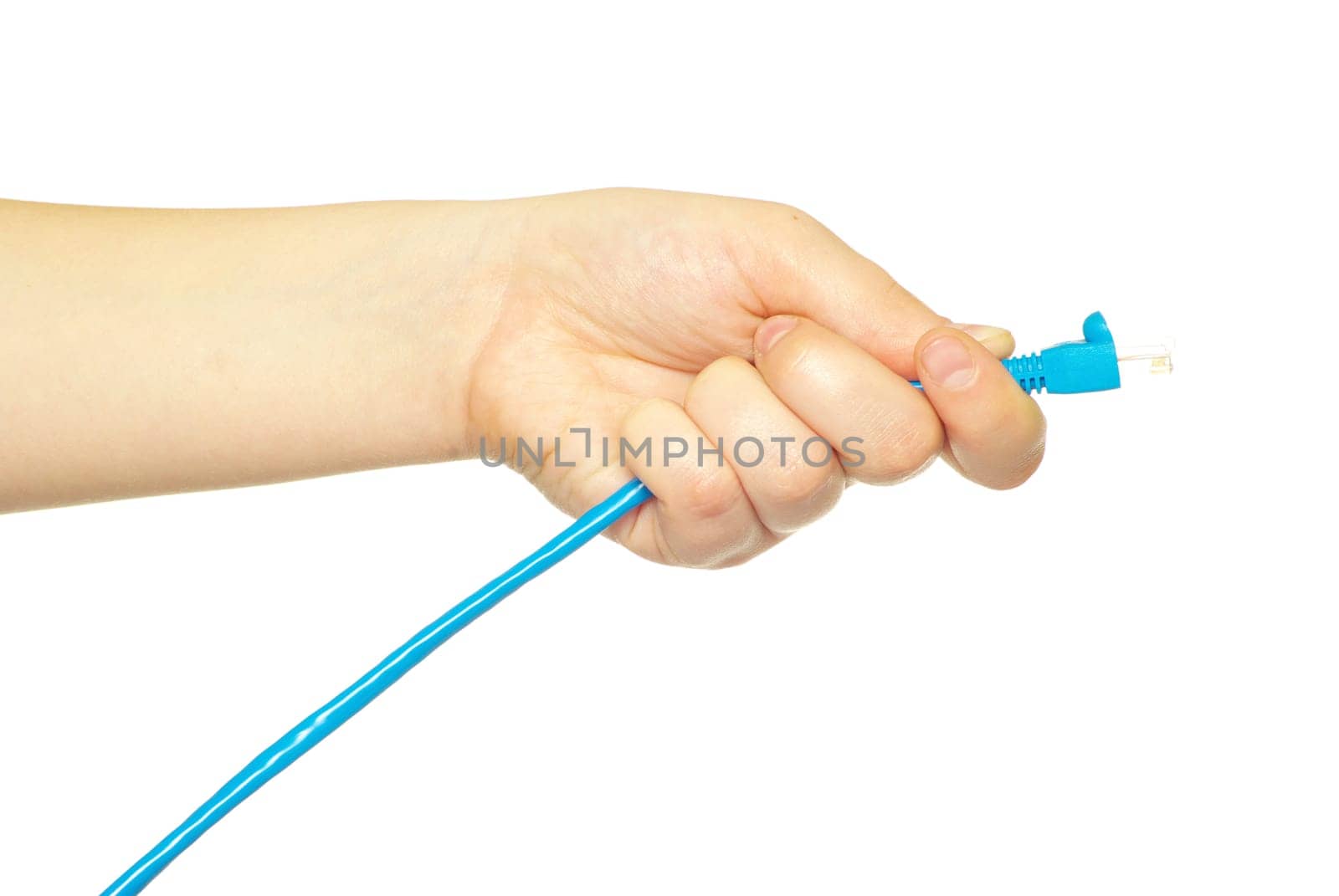 Computer cables in hand isolated on white background