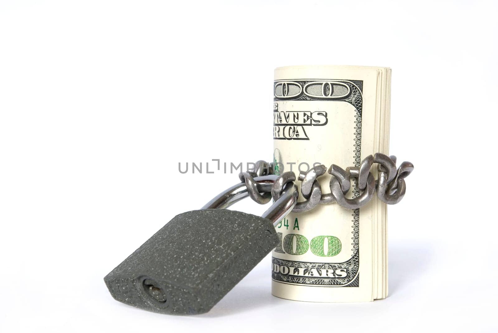 Dollars locked a chain on a white background