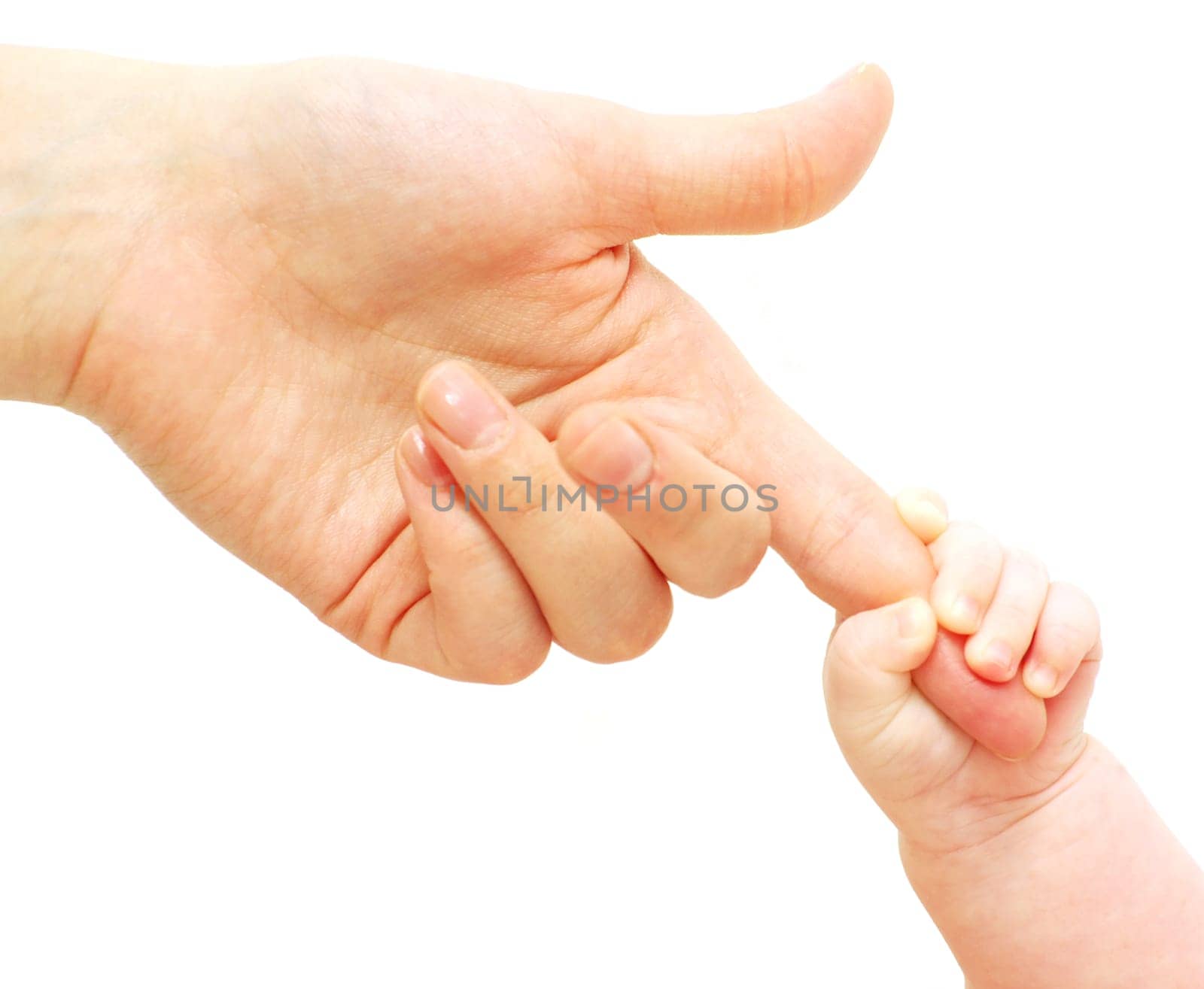 Baby hand holding mother finger isolated on white