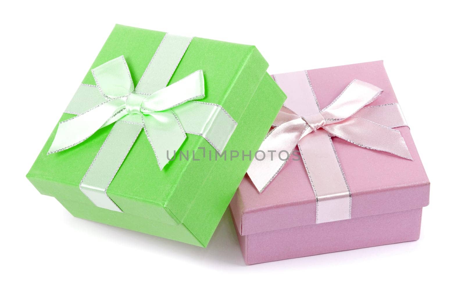 Christmas box gifts with satin bow isolated on white background
