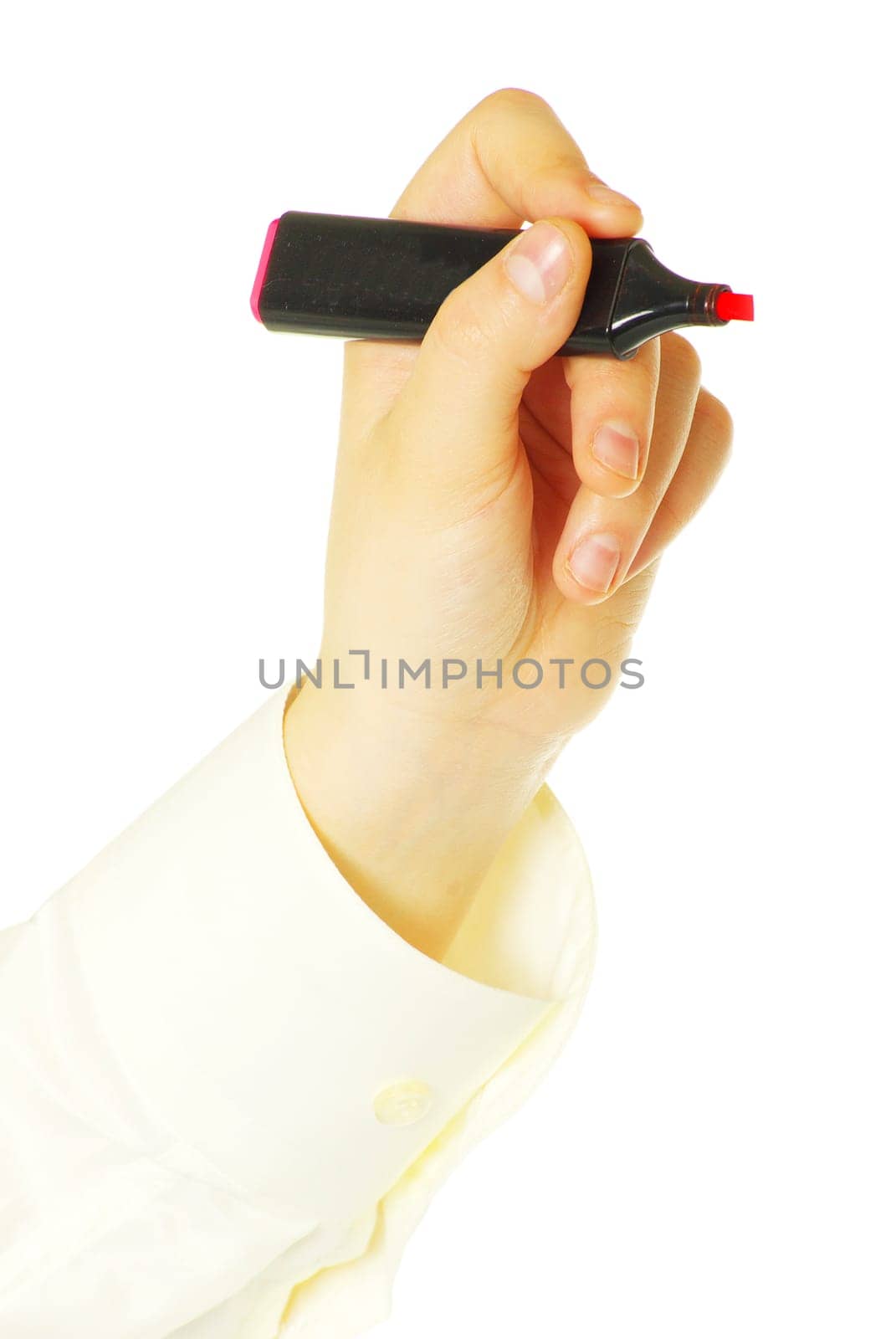 Hand with marker isolated on white background