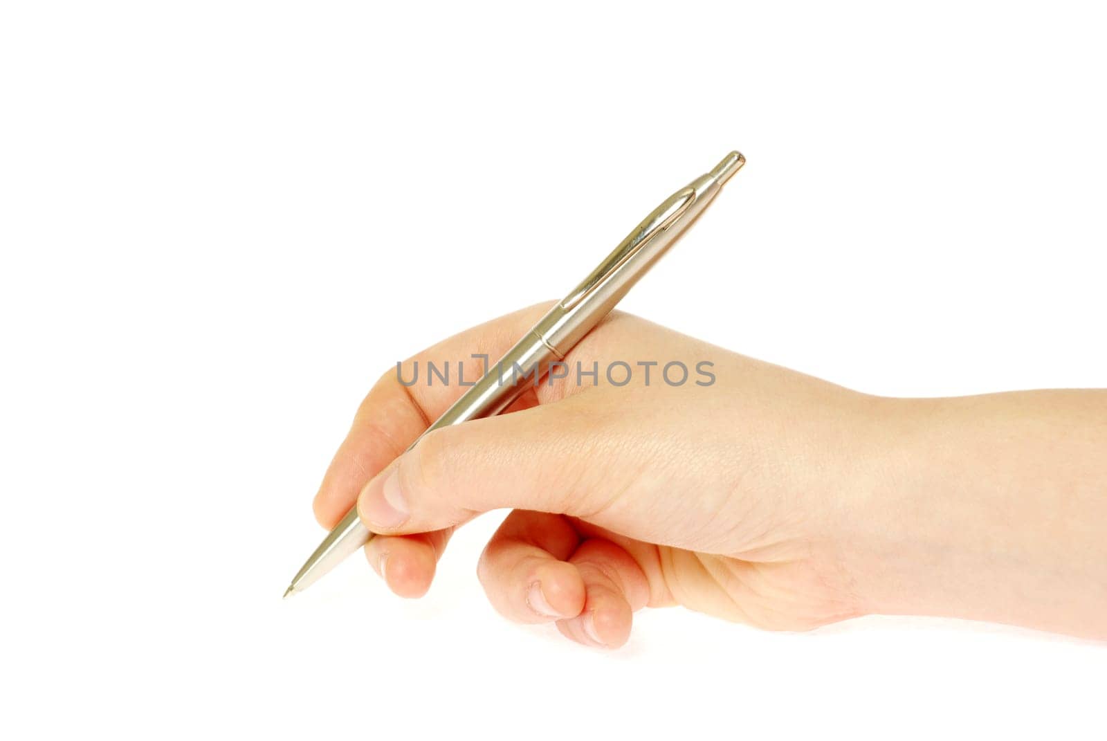 pen in woman hand isolated on white background
