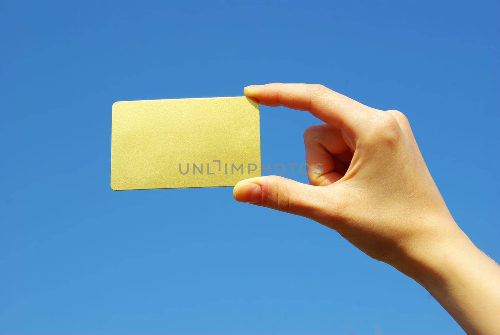card blank in a hand isolated on blue