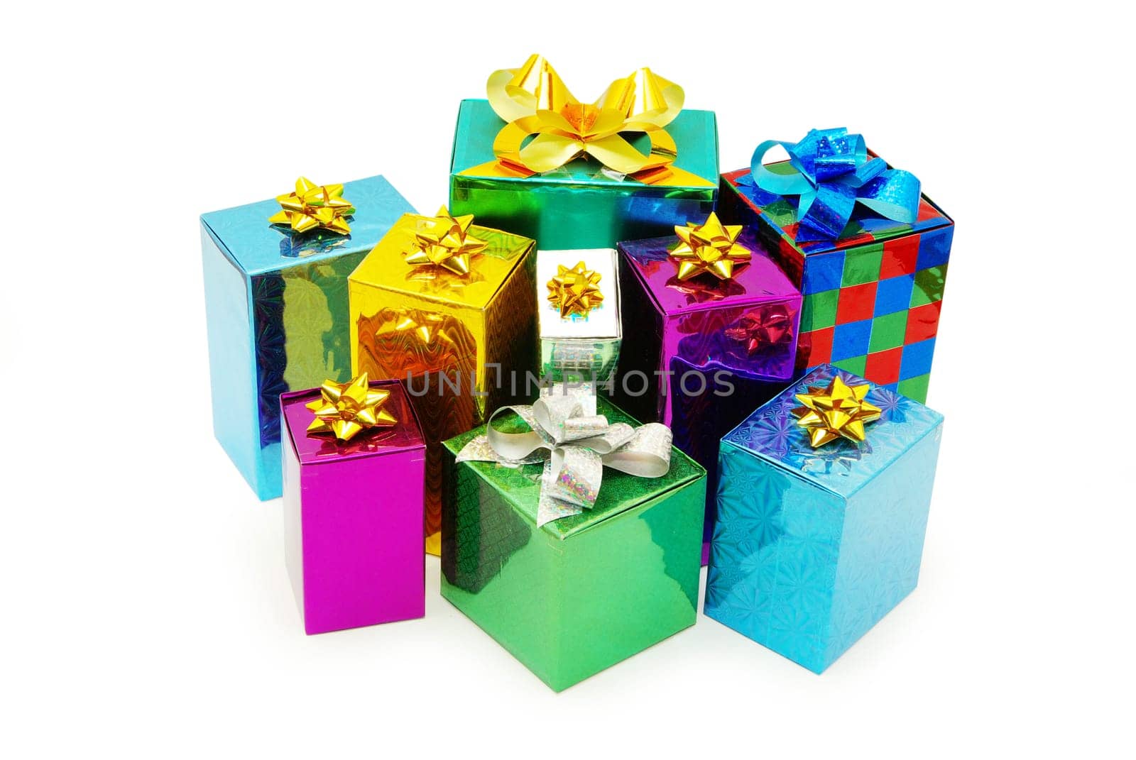 Christmas box gifts with satin bow isolated on white background