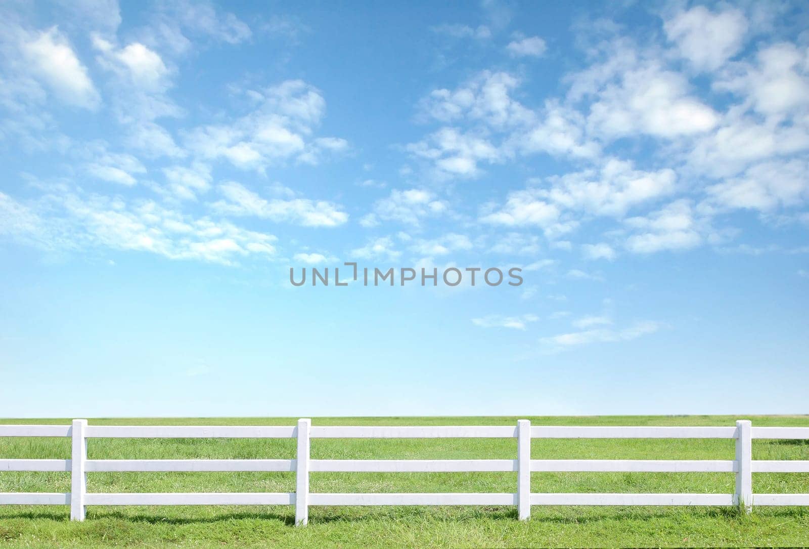 white fence on green grass with blue sky