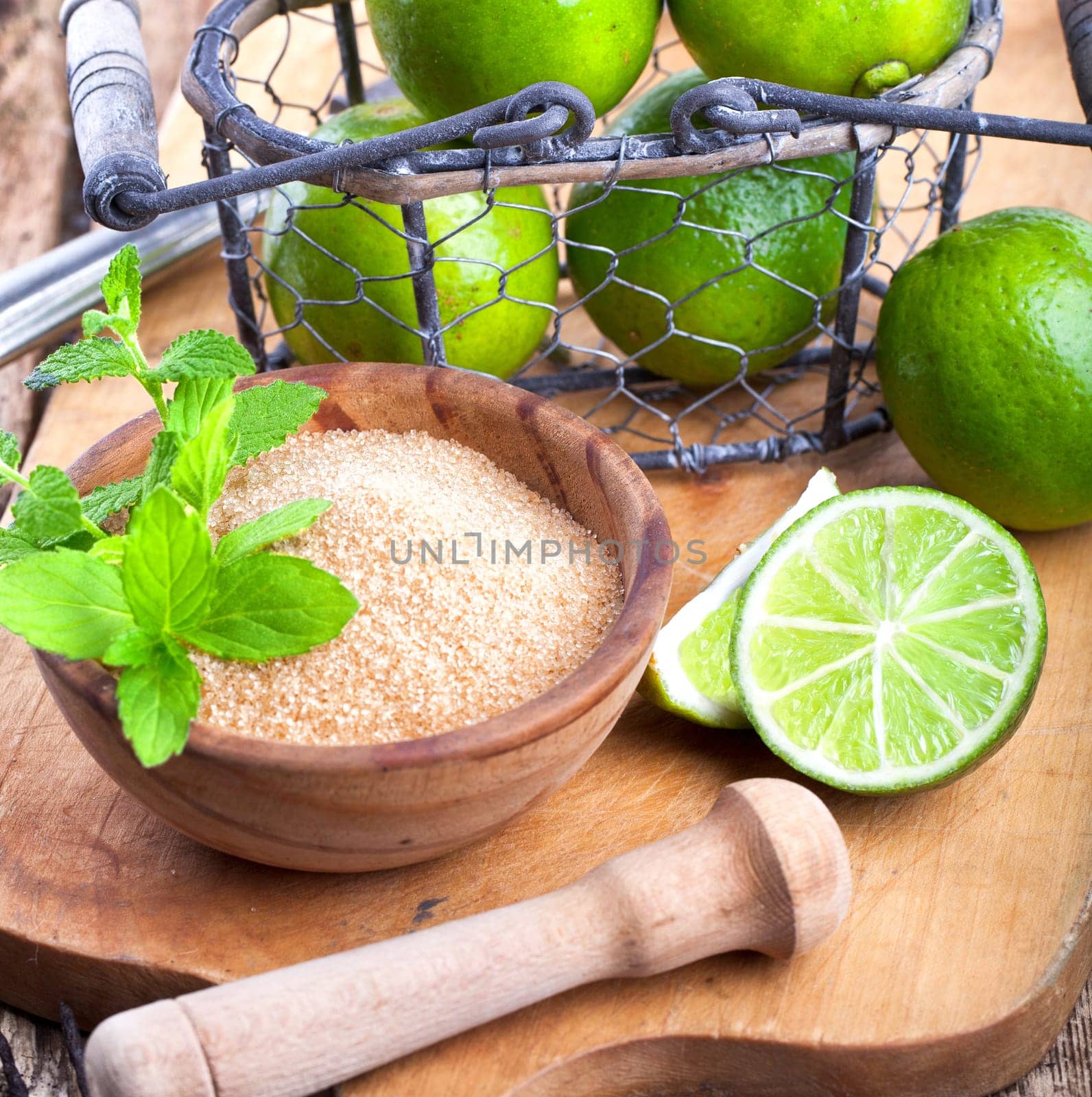 Limes,cane sugar and mint