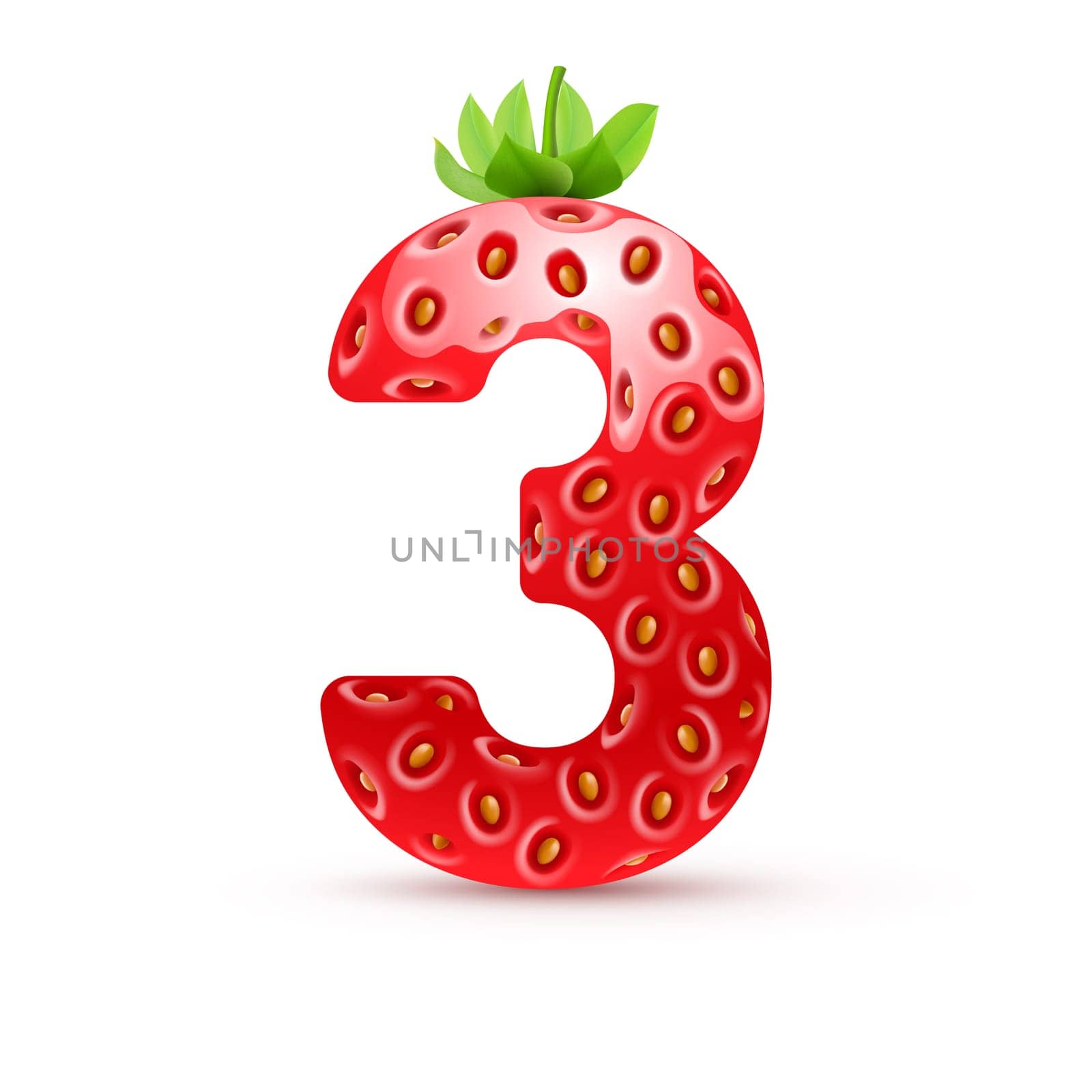 Number three in strawberry style with green leaves