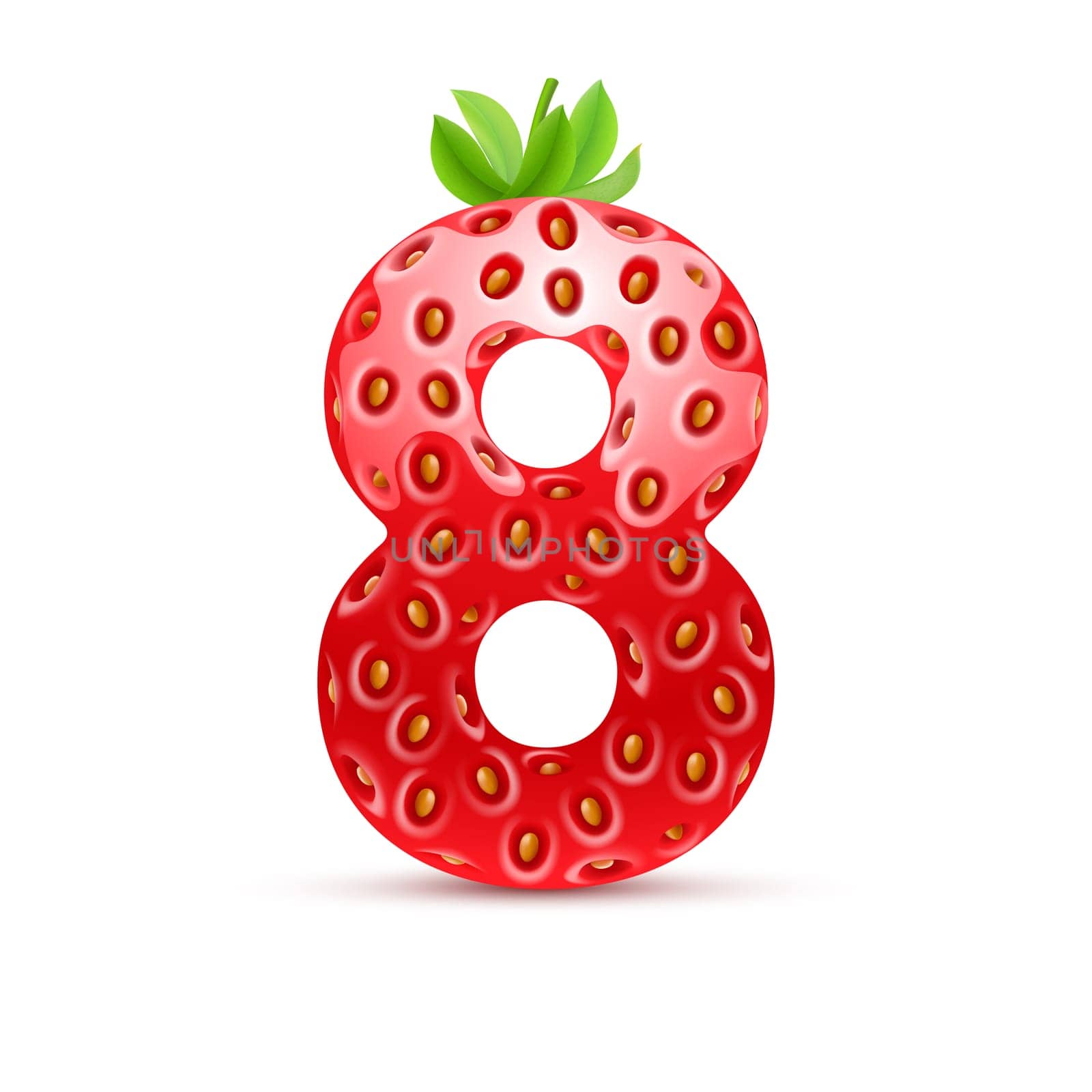 Number eight in strawberry style with green leaves