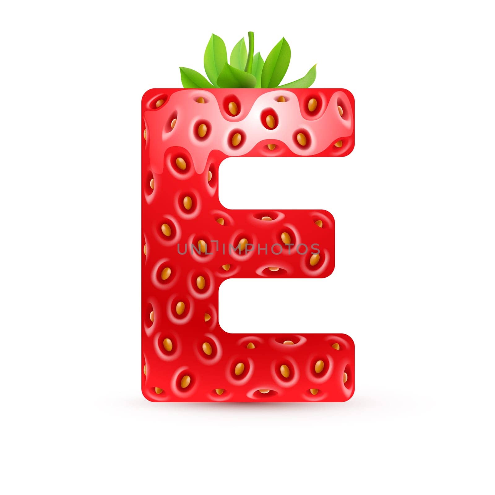 Letter E in strawberry style with green leaves