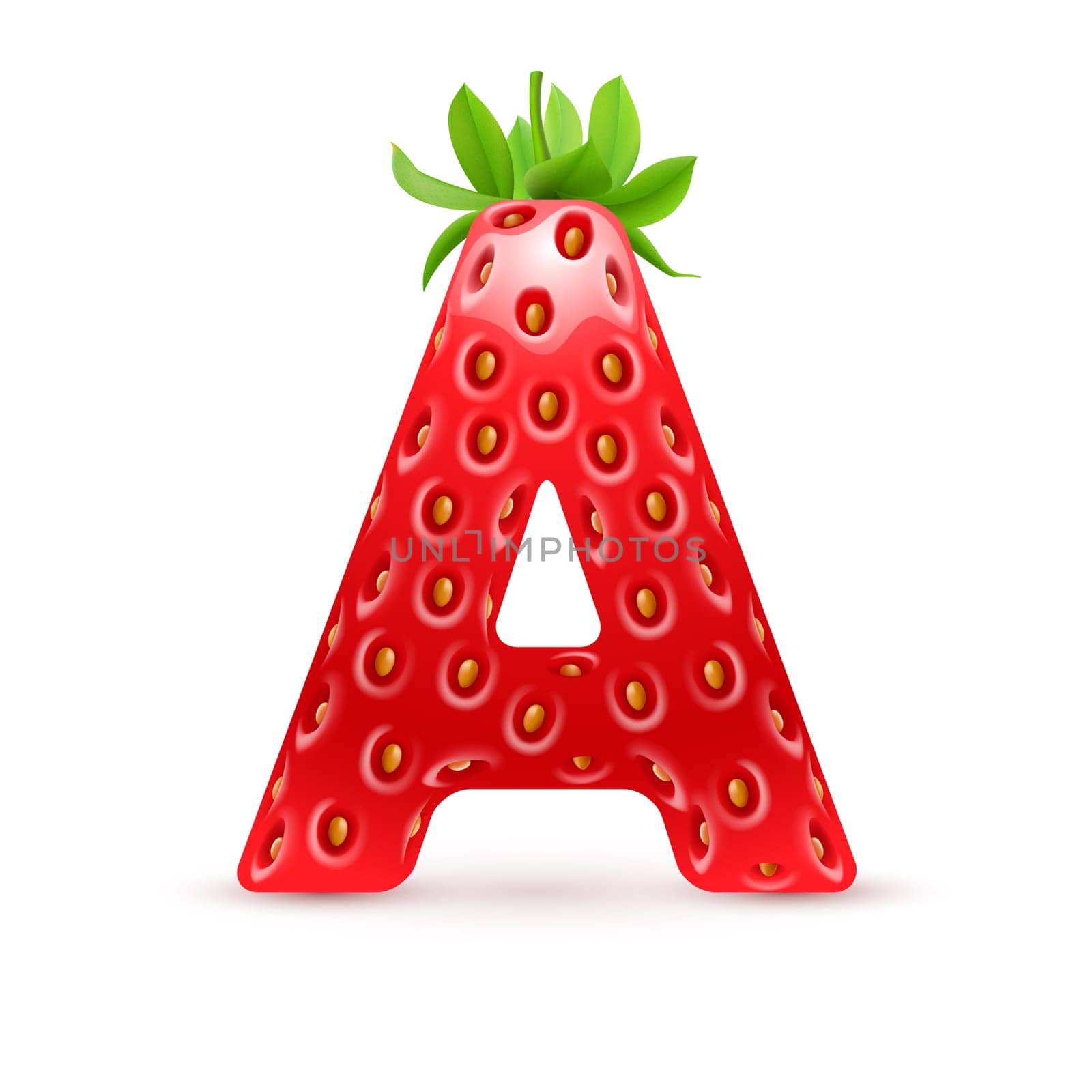 Letter A in strawberry style with green leaves