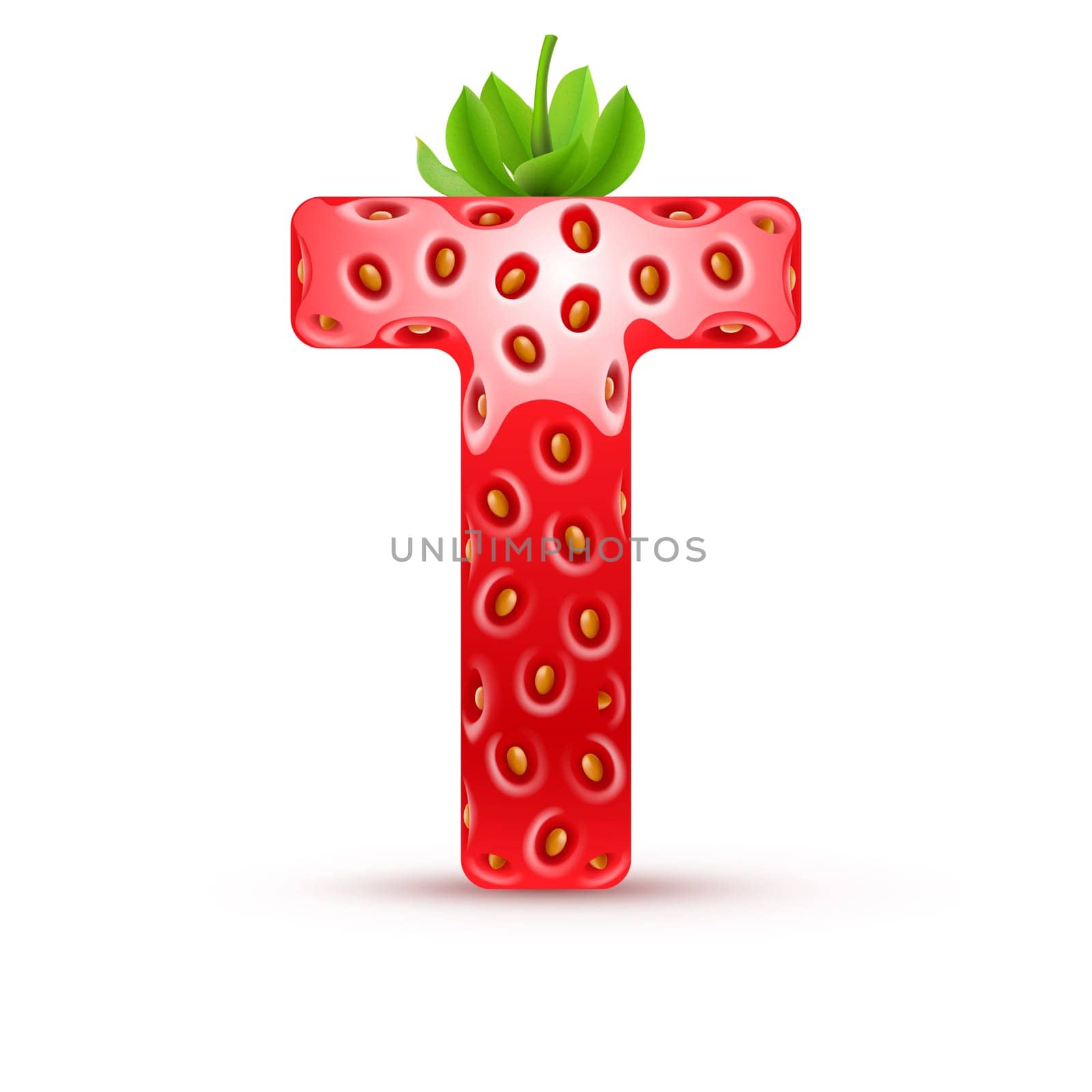 Letter T in strawberry style with green leaves