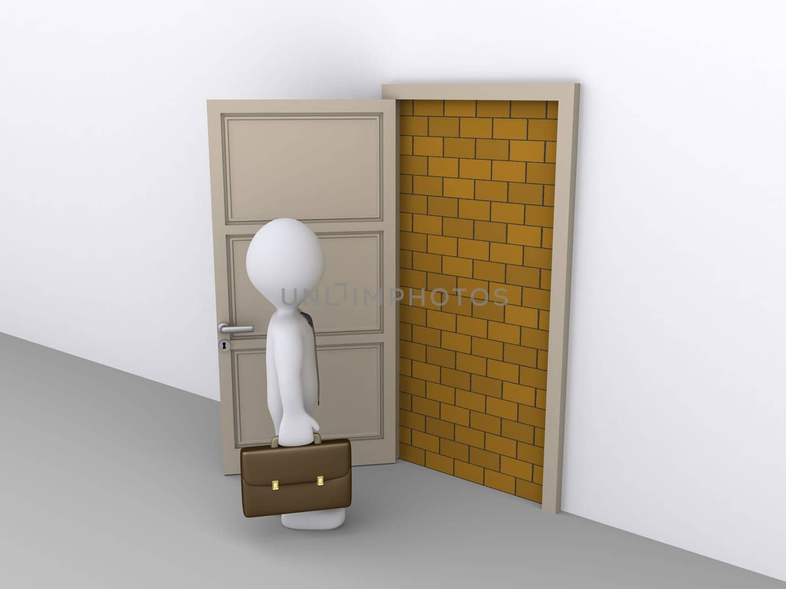 Businessman is in front of doorway that is blocked by a brick wall