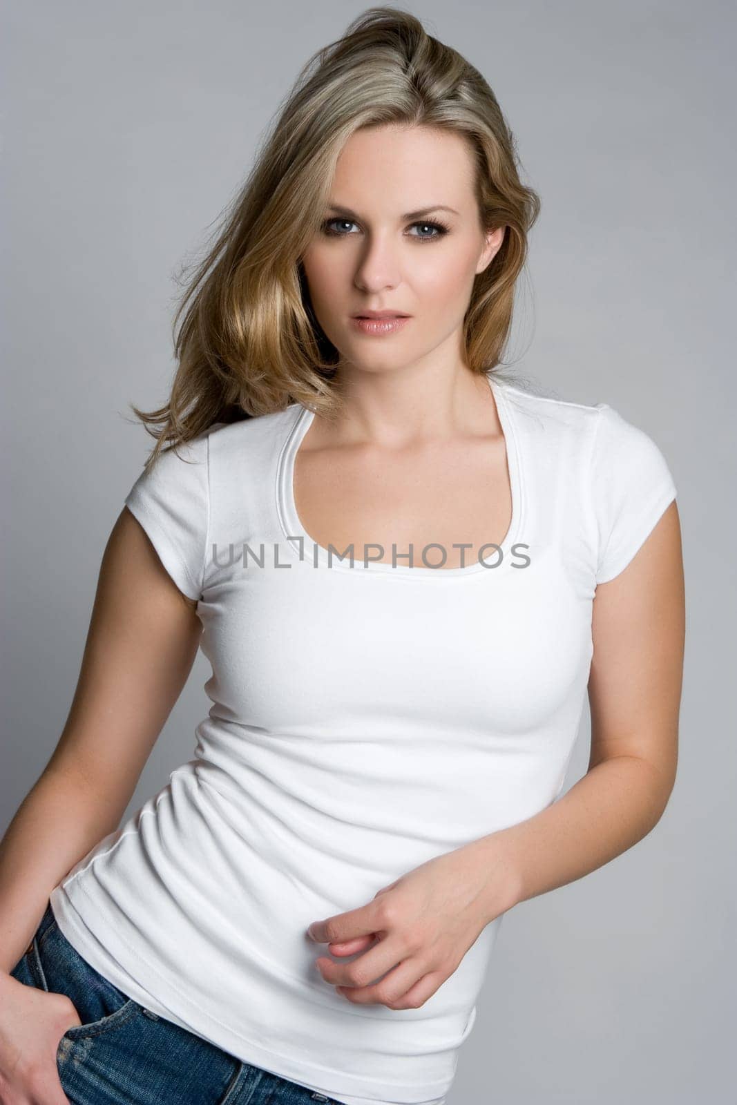Beautiful white tshirt blond woman