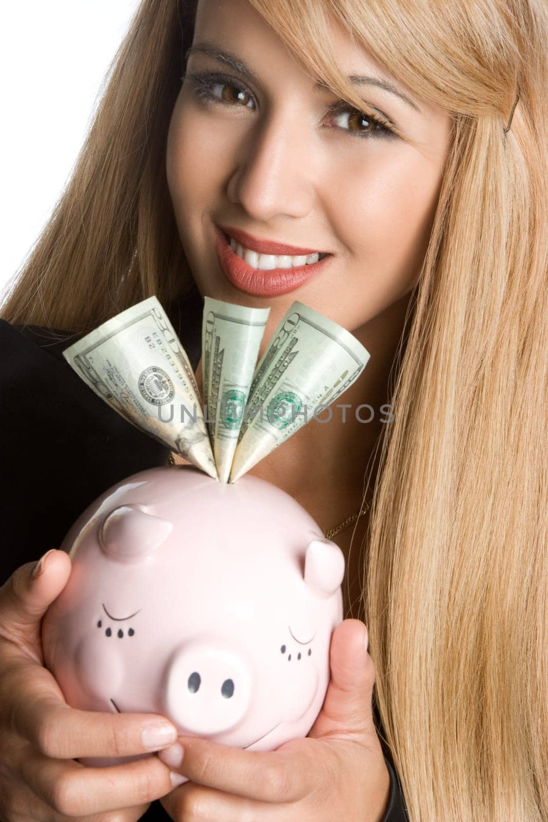 Smiling piggy bank money woman