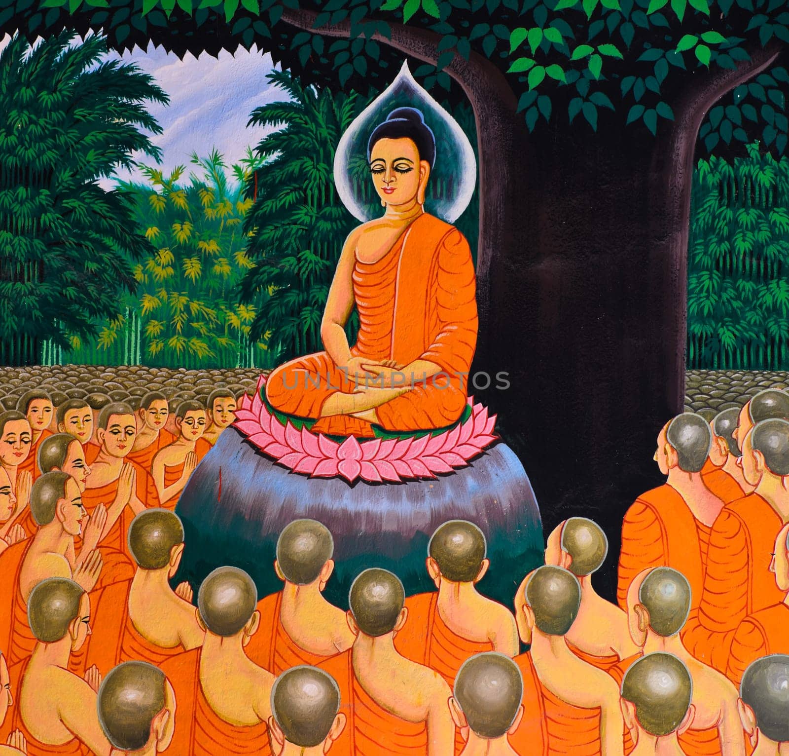 Thai mural of the Life of Buddha on temple wall. Instructing the assembly of Arahants.