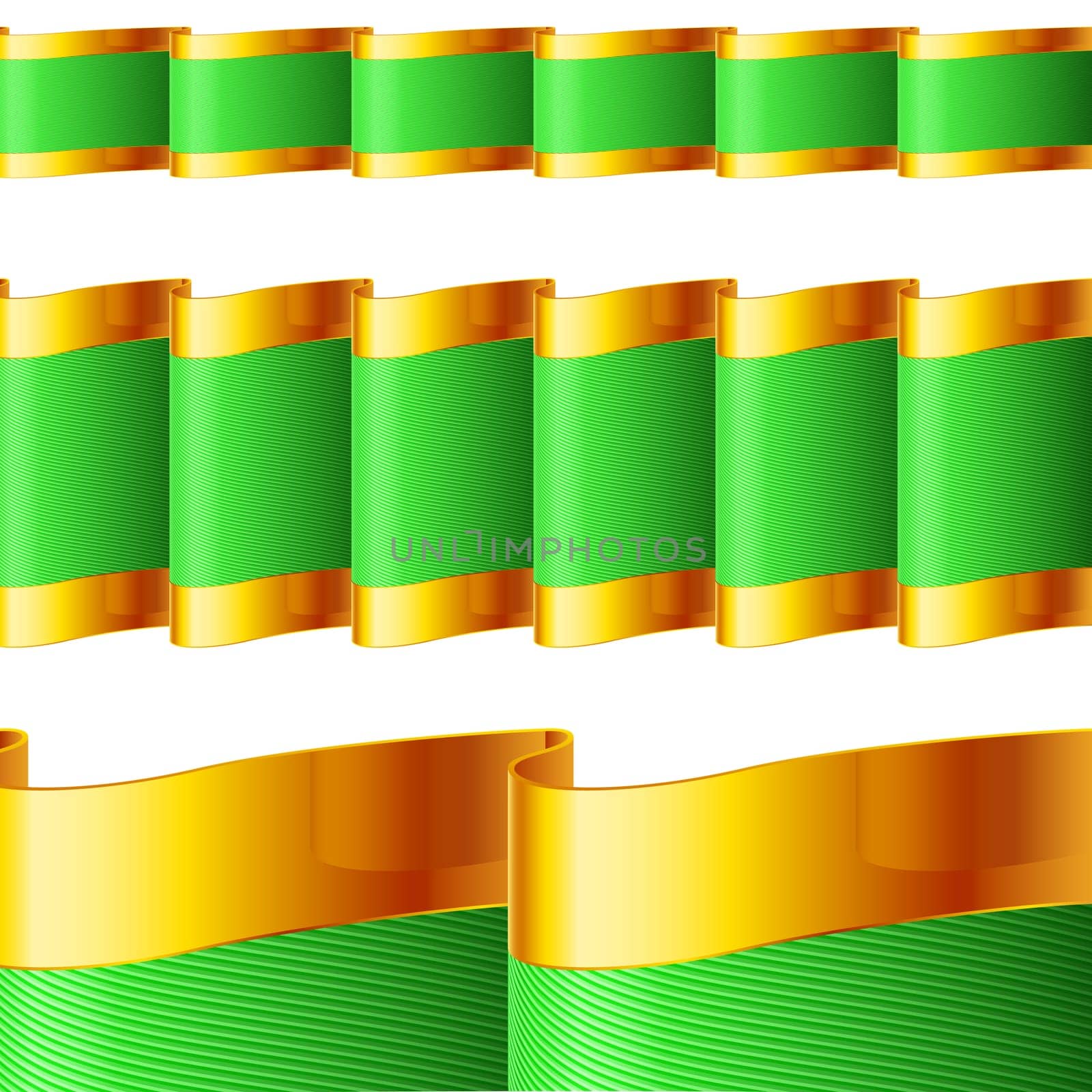Green ribbons with golden edging. Fabric with highly detailed texture