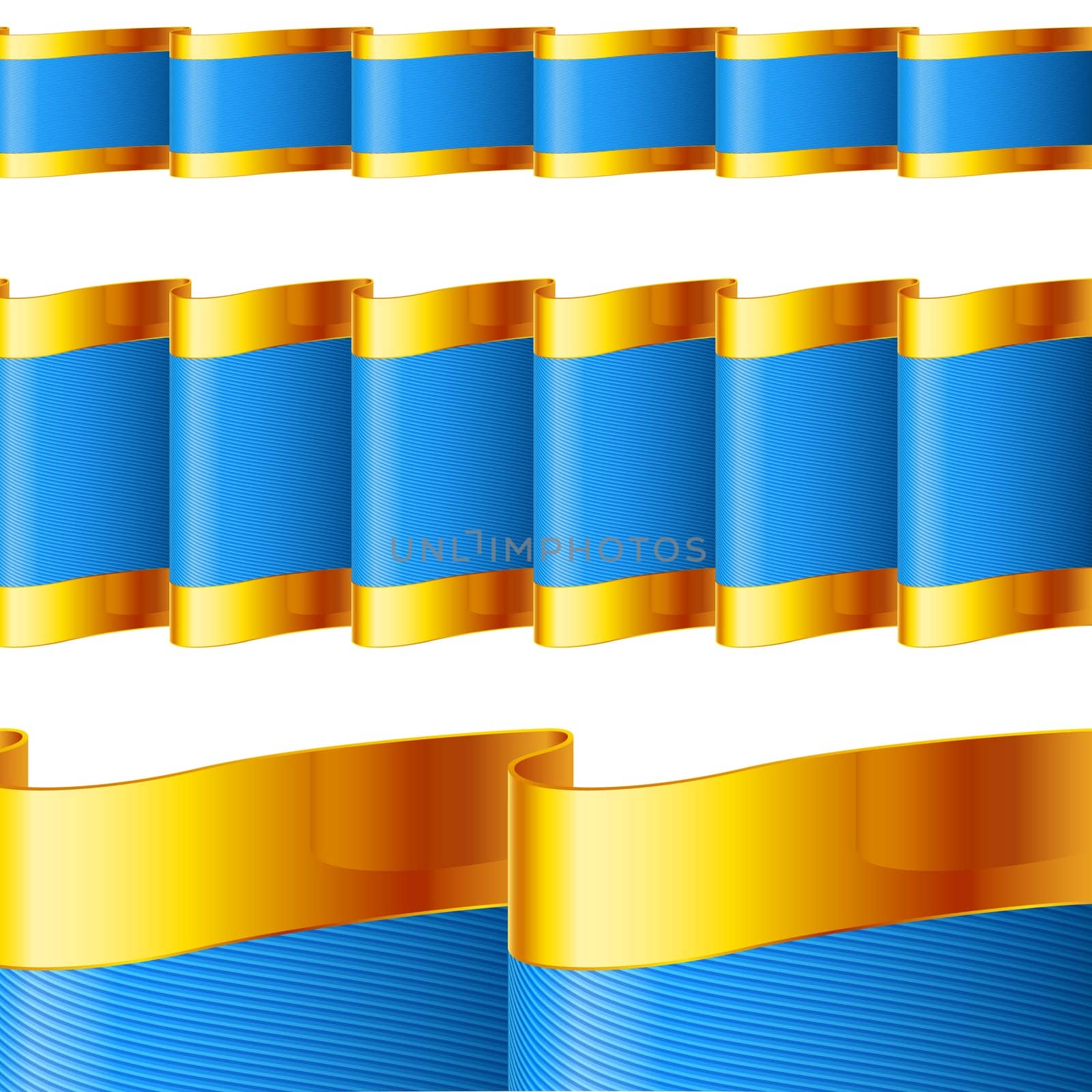 Blue ribbons with golden edging. Fabric with highly detailed texture