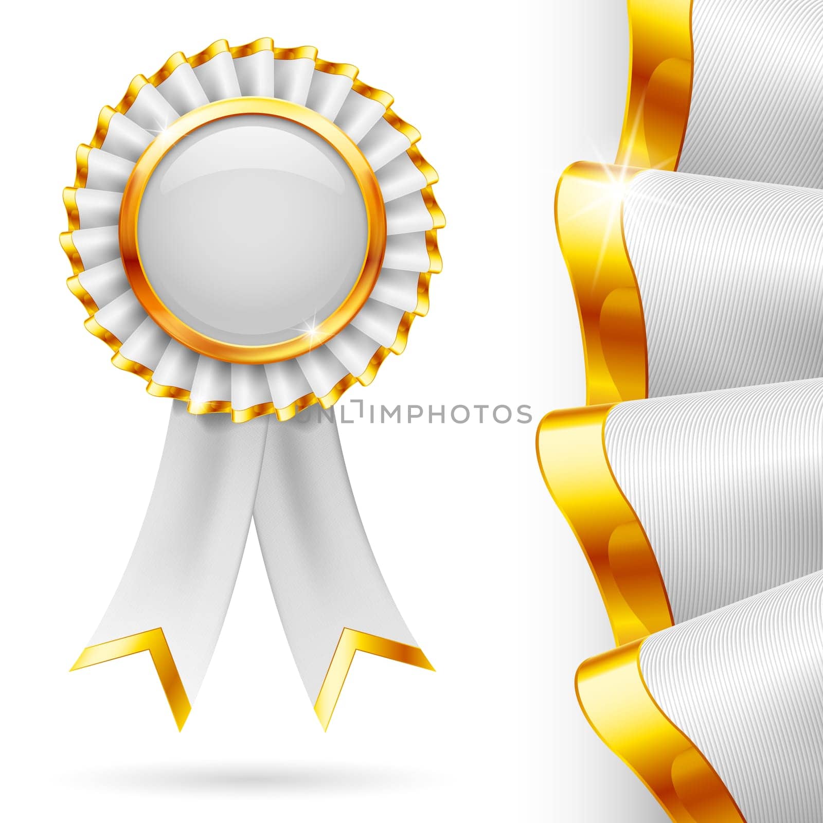 Shiny white award ribbon with golden edging. Fabric with highly detailed texture