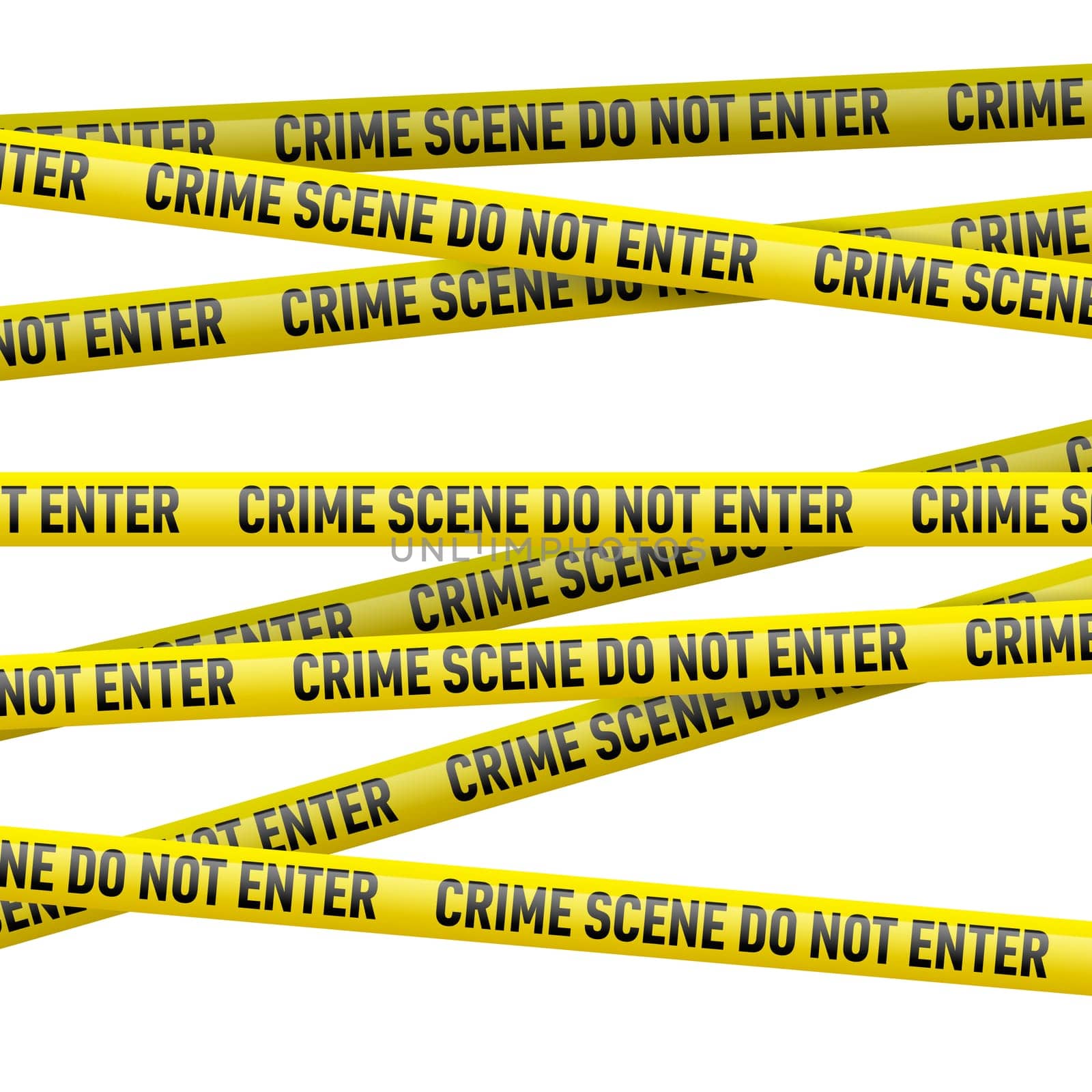 Realistic yellow danger tape with Crime scene do not enter text. Illustration on white background.