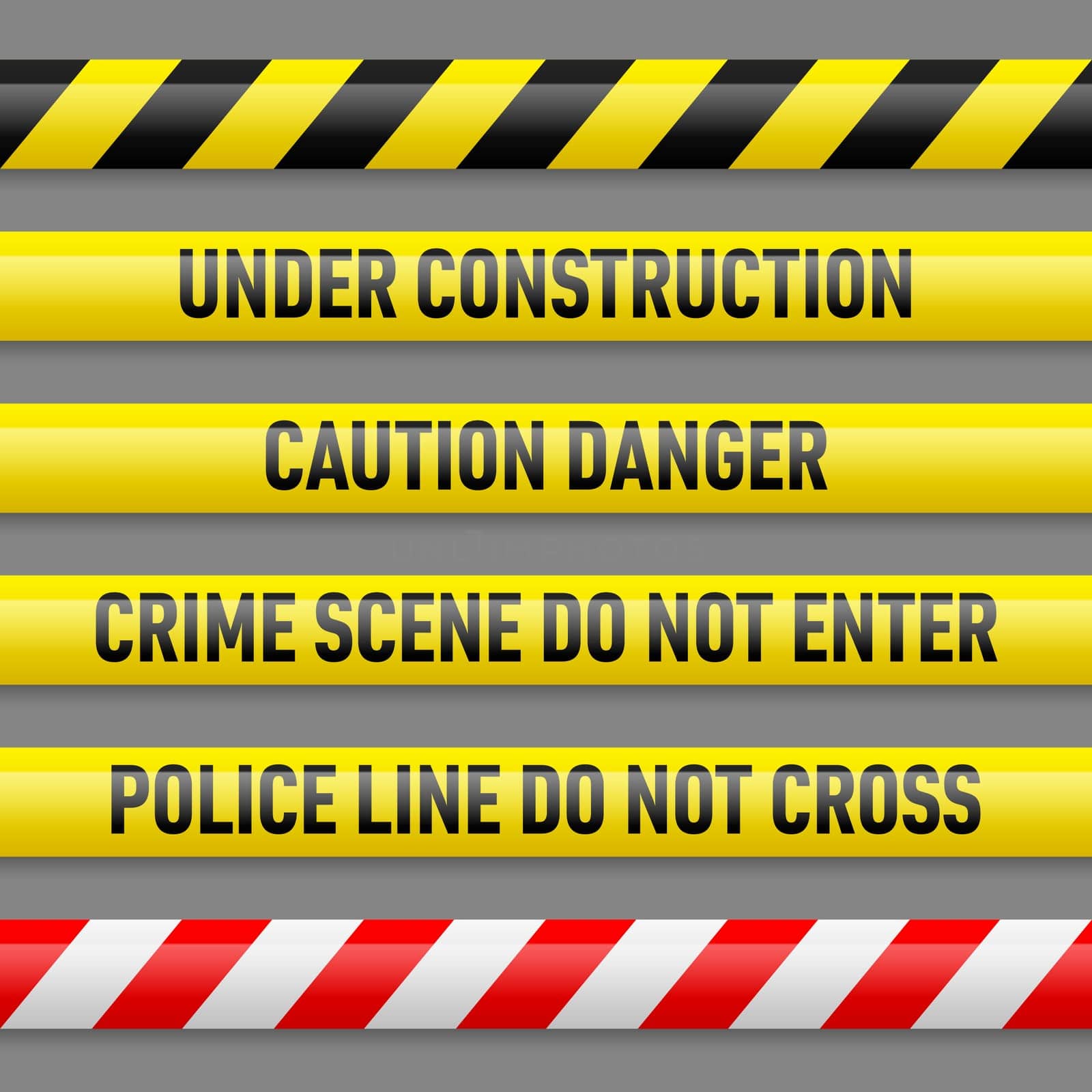 Set of different danger tapes. Tapes with text Under construction, Caution Danger, Crime scene do not enter, Police line do not cross