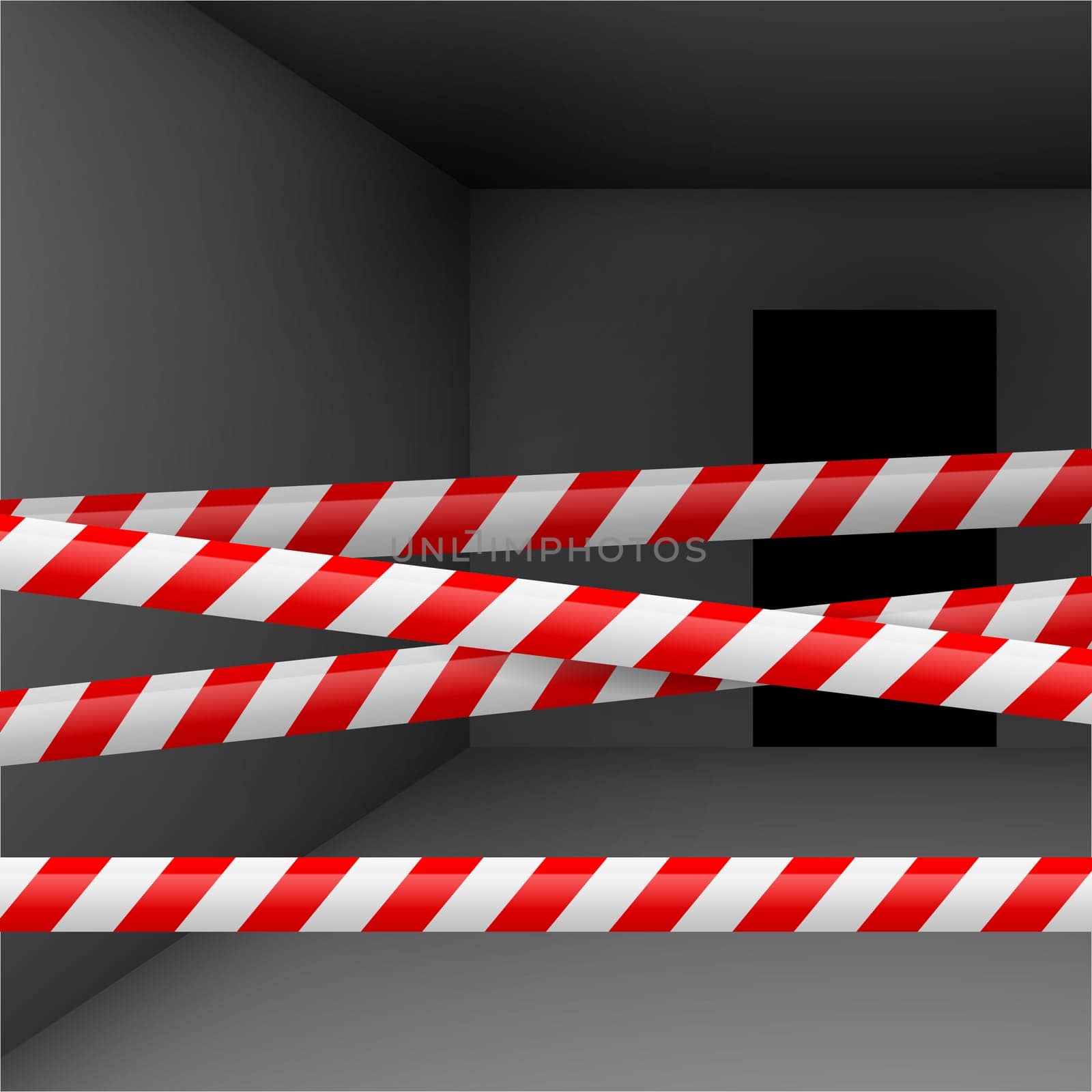 Dark room  with red and white danger tape. Crime or emergency scene