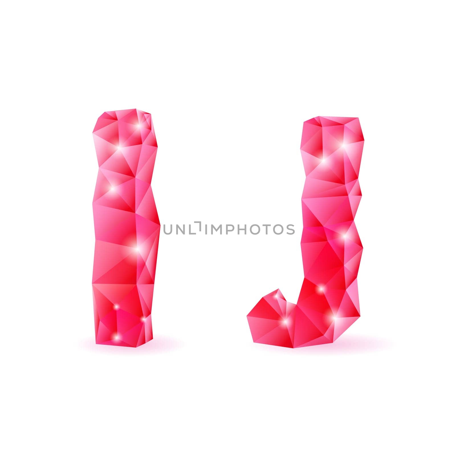 Shiny ruby polygonal font. Crystal style I and J letters
