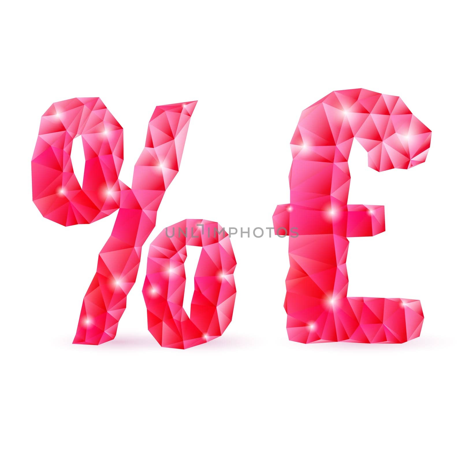 Shiny ruby polygonal font on white background. Crystal style per cent  and pound sterling sign