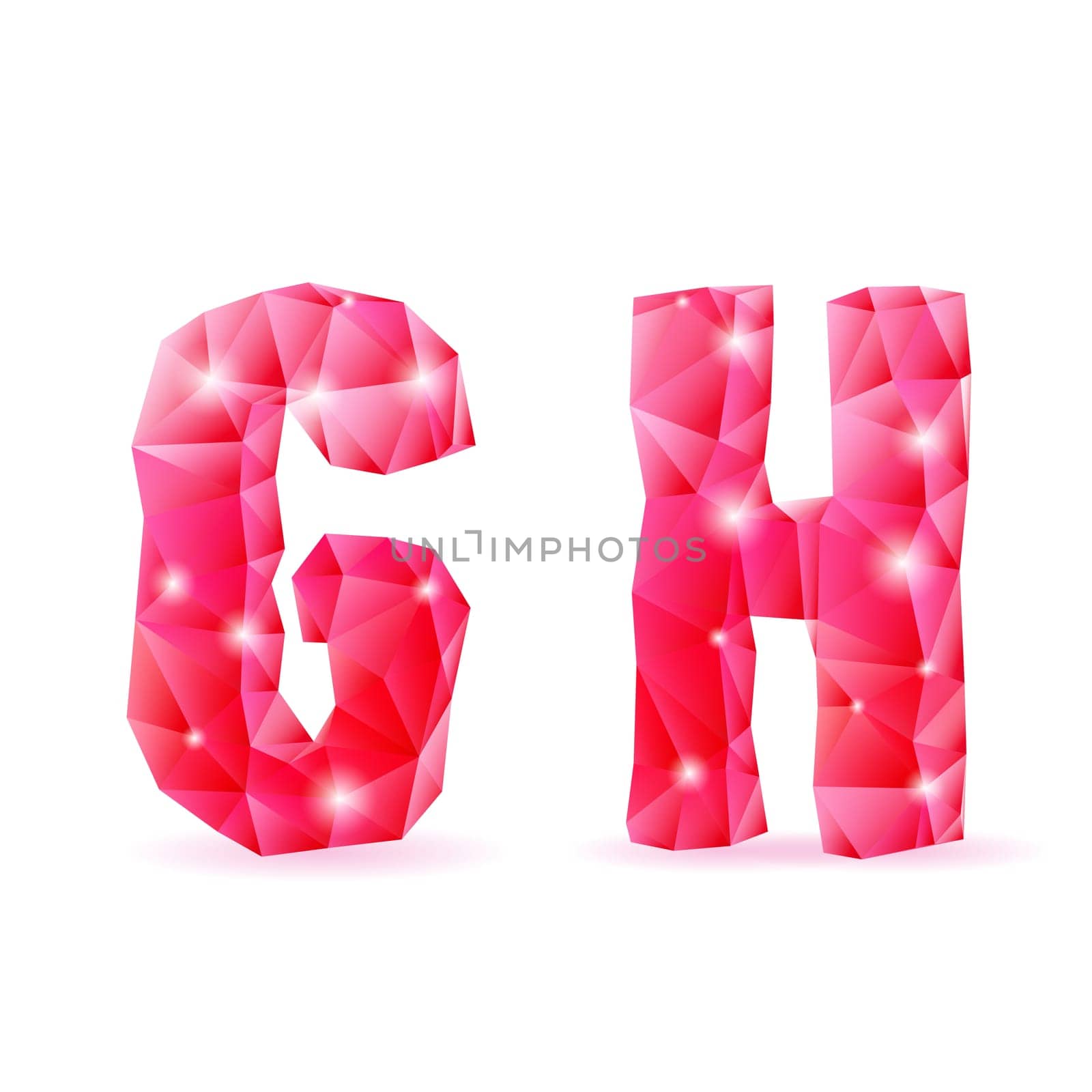 Shiny ruby polygonal font. Crystal style G and H letters
