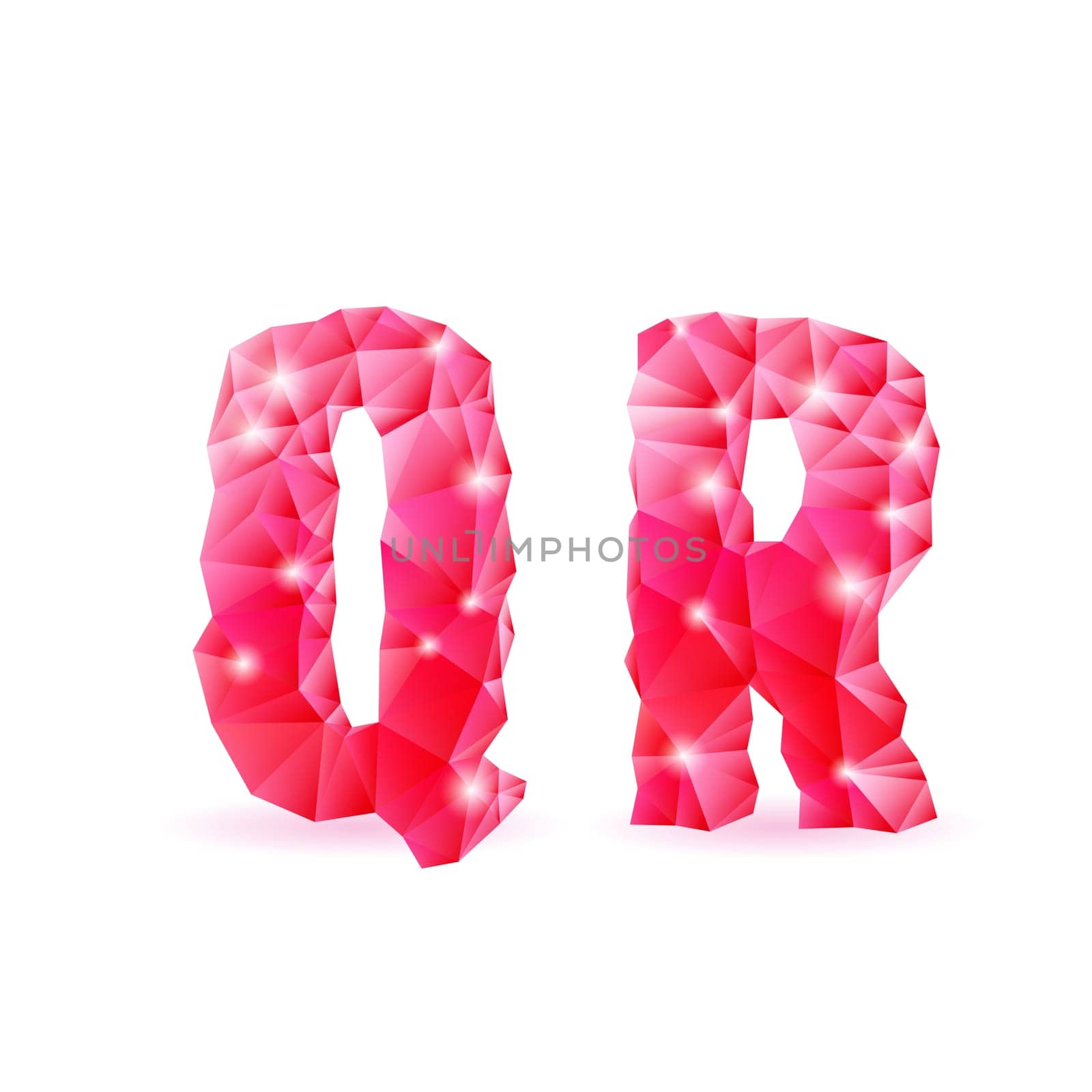 Shiny ruby polygonal font. Crystal style Q and R letters