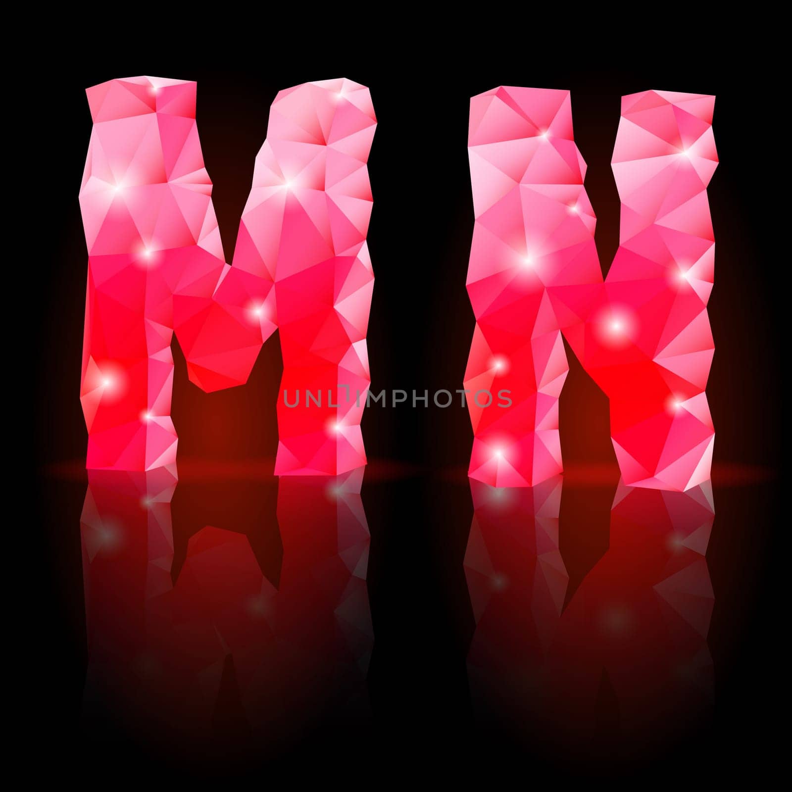 Shiny ruby polygonal font with reflection on black background. Crystal style M and N letters