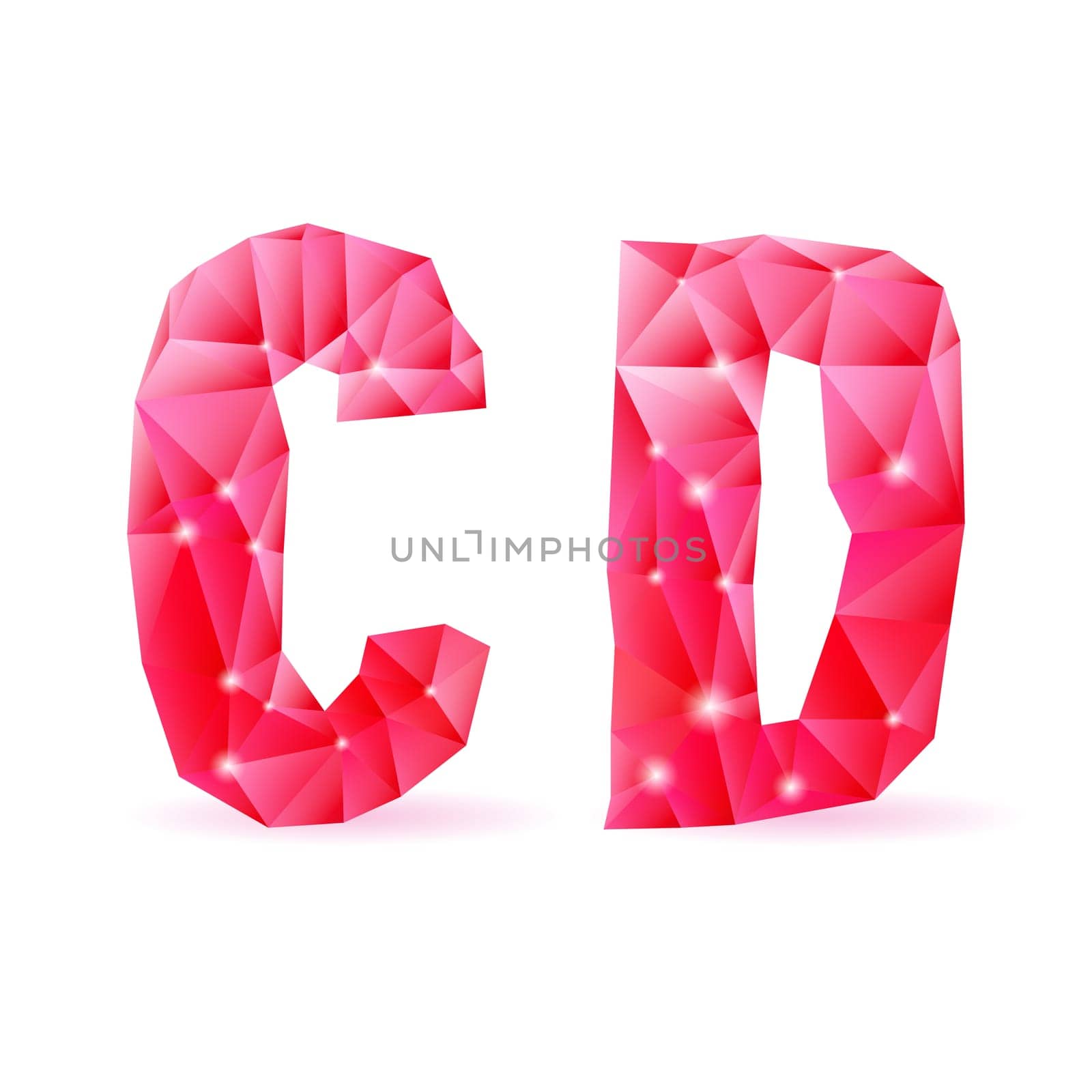 Shiny ruby polygonal font. Crystal style C and D letters