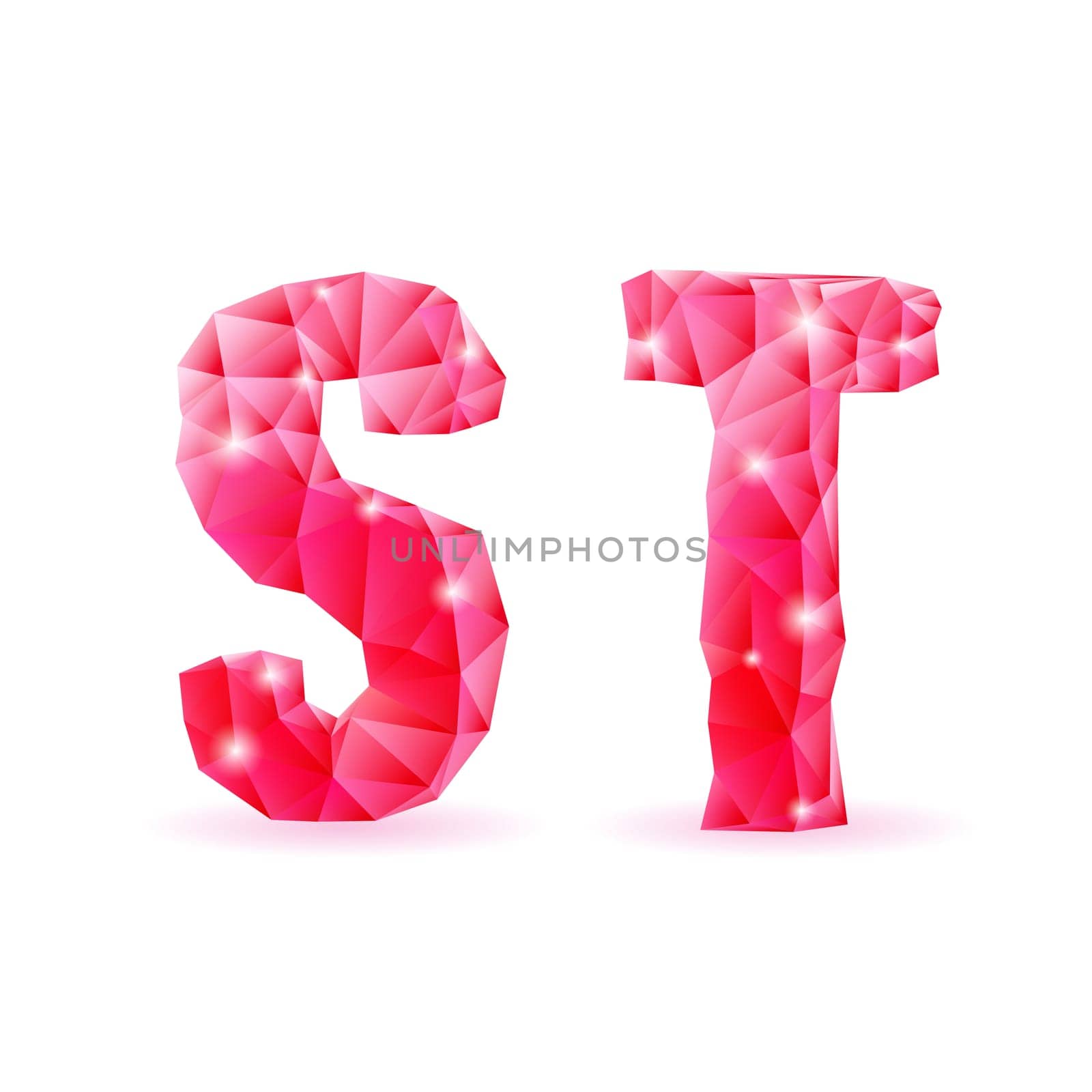 Shiny ruby polygonal font. Crystal style S and T letters