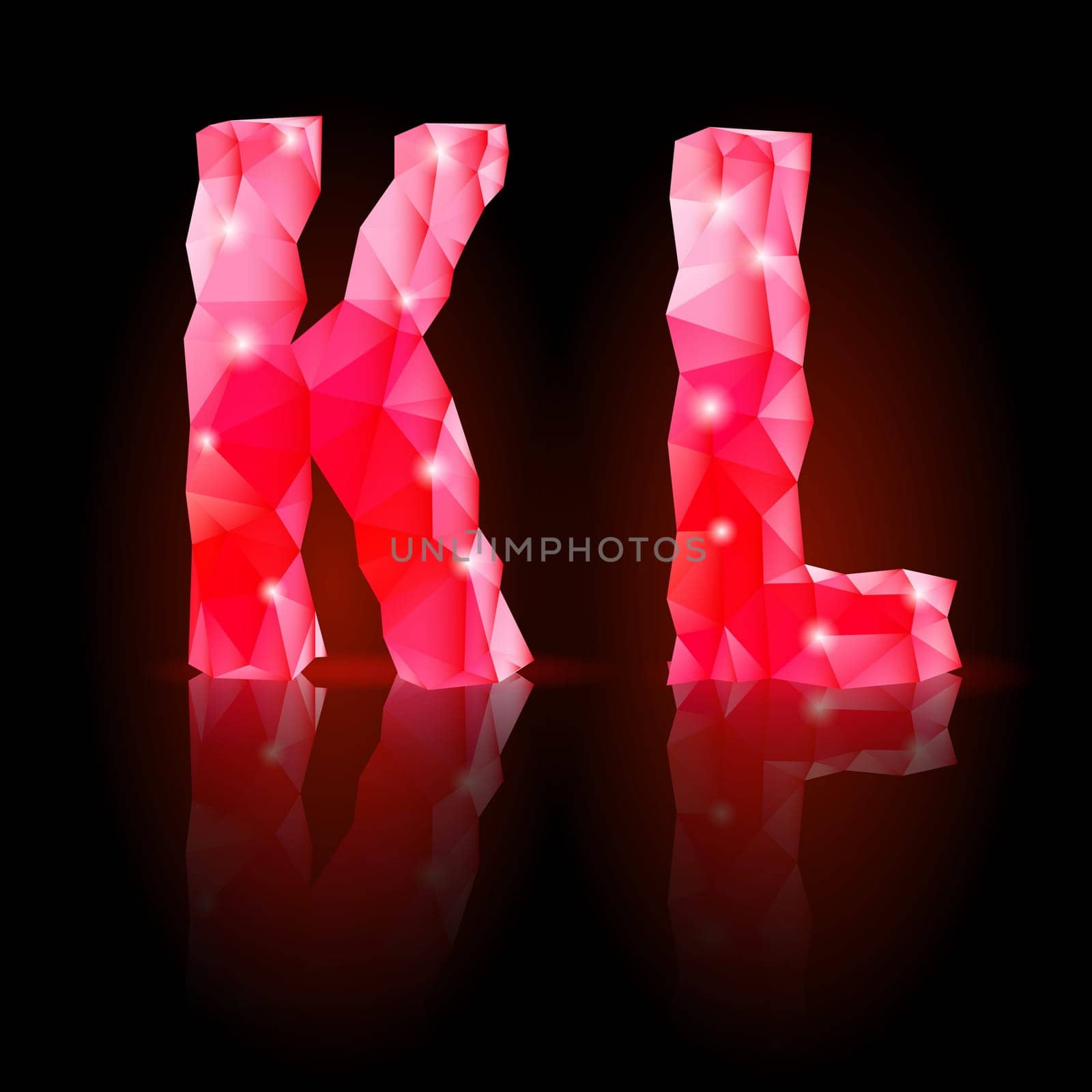 Shiny ruby polygonal font with reflection on black background. Crystal style K and L letters