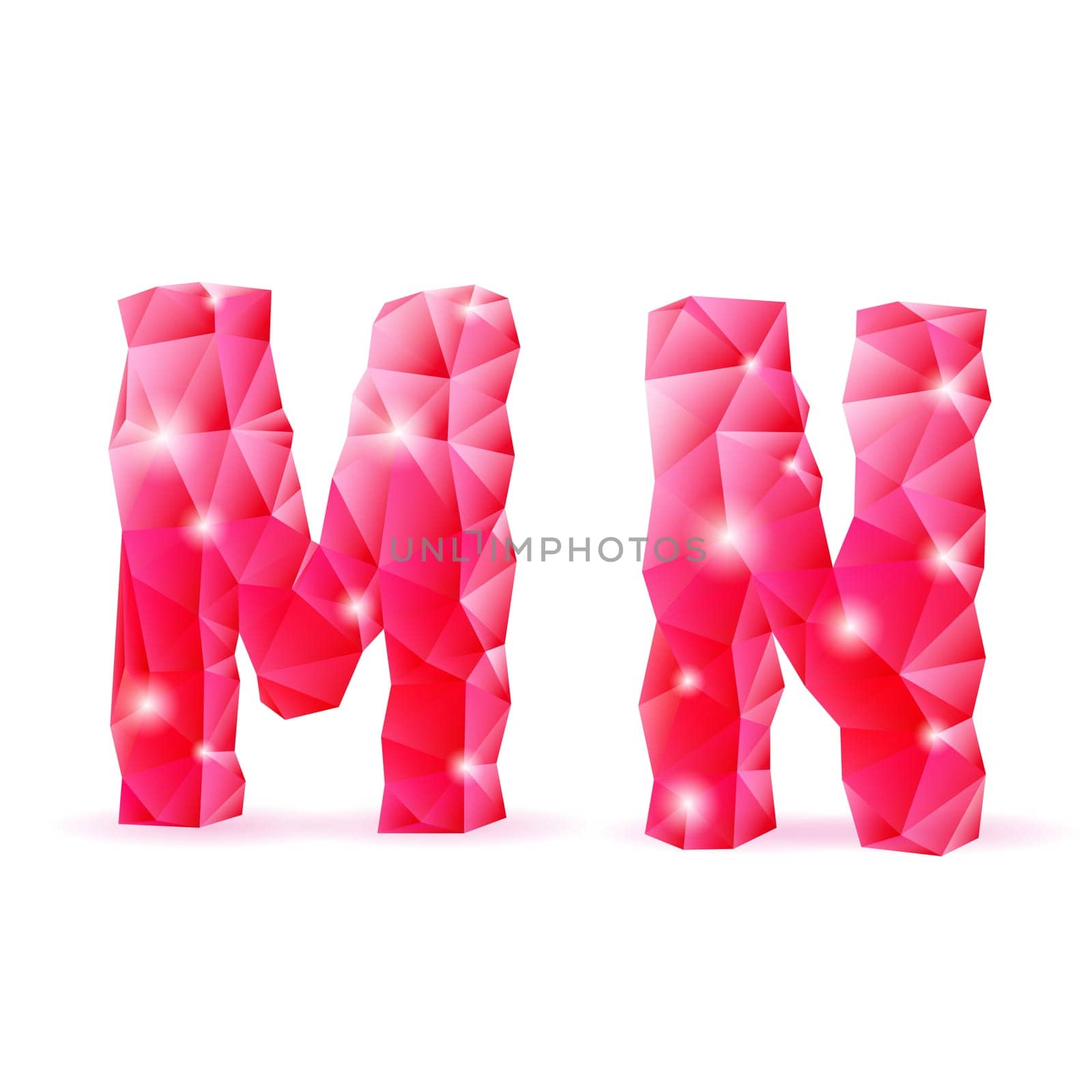 Shiny ruby polygonal font. Crystal style M and N letters