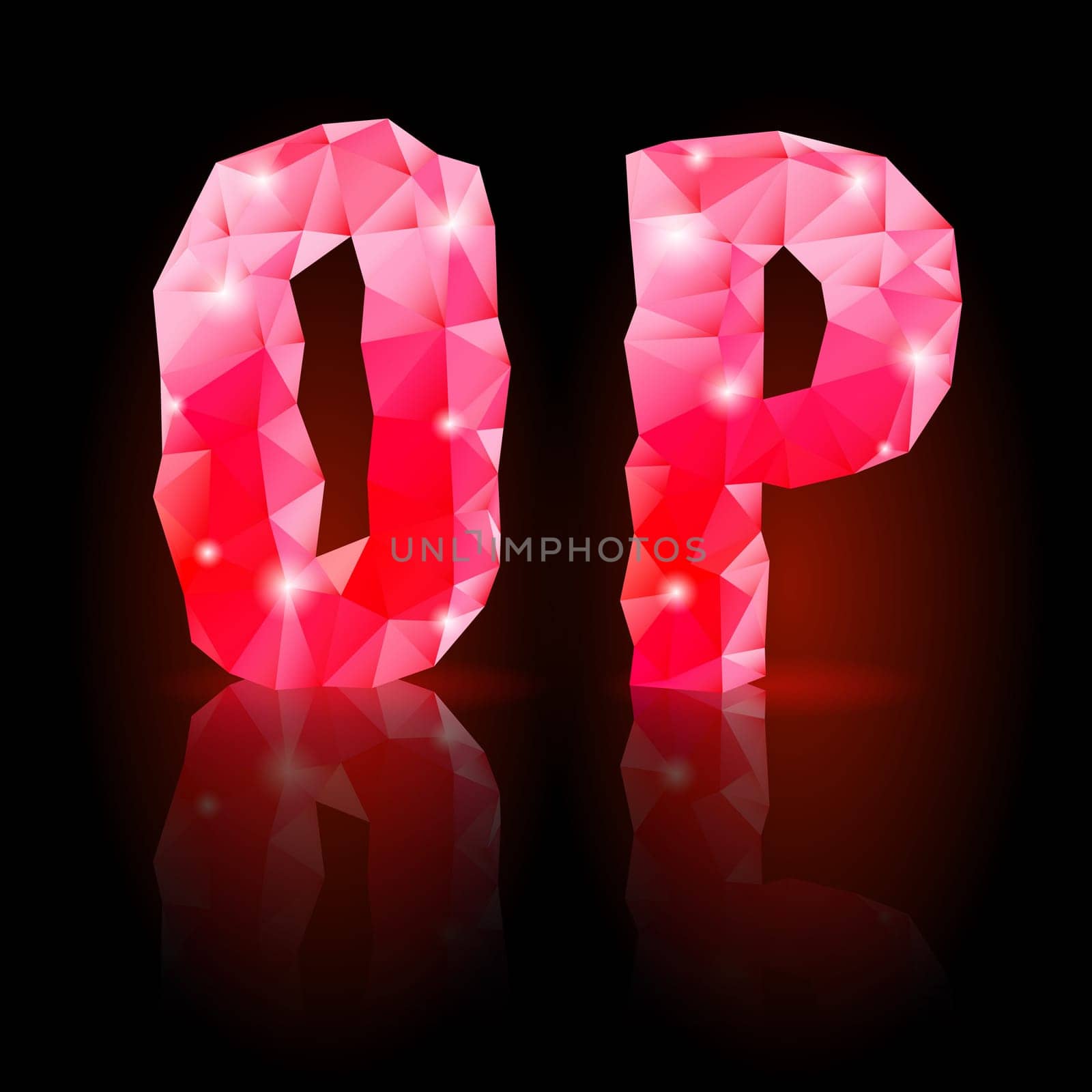 Shiny ruby polygonal font with reflection on black background. Crystal style O and P letters