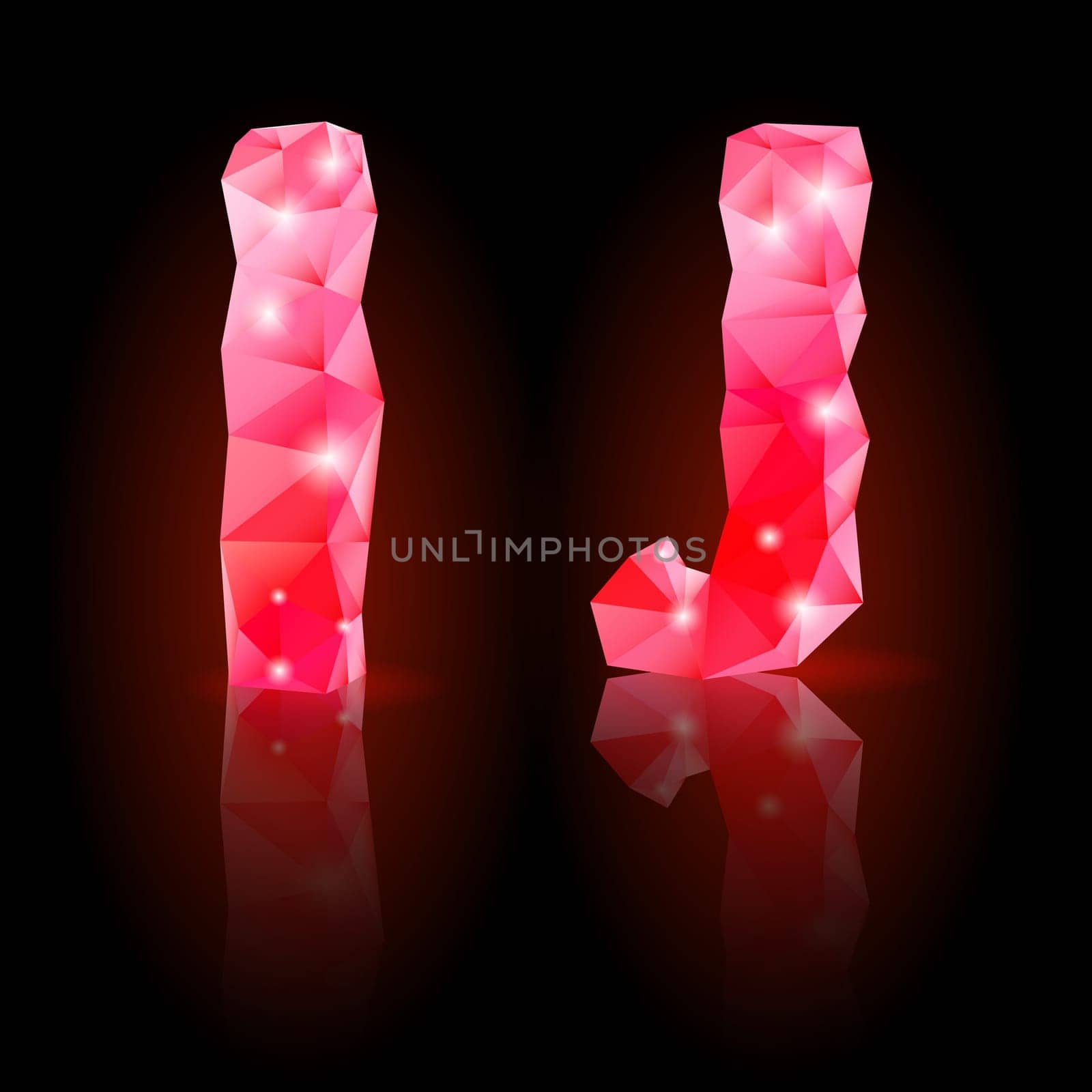 Shiny ruby polygonal font with reflection on black background. Crystal style I and J letters