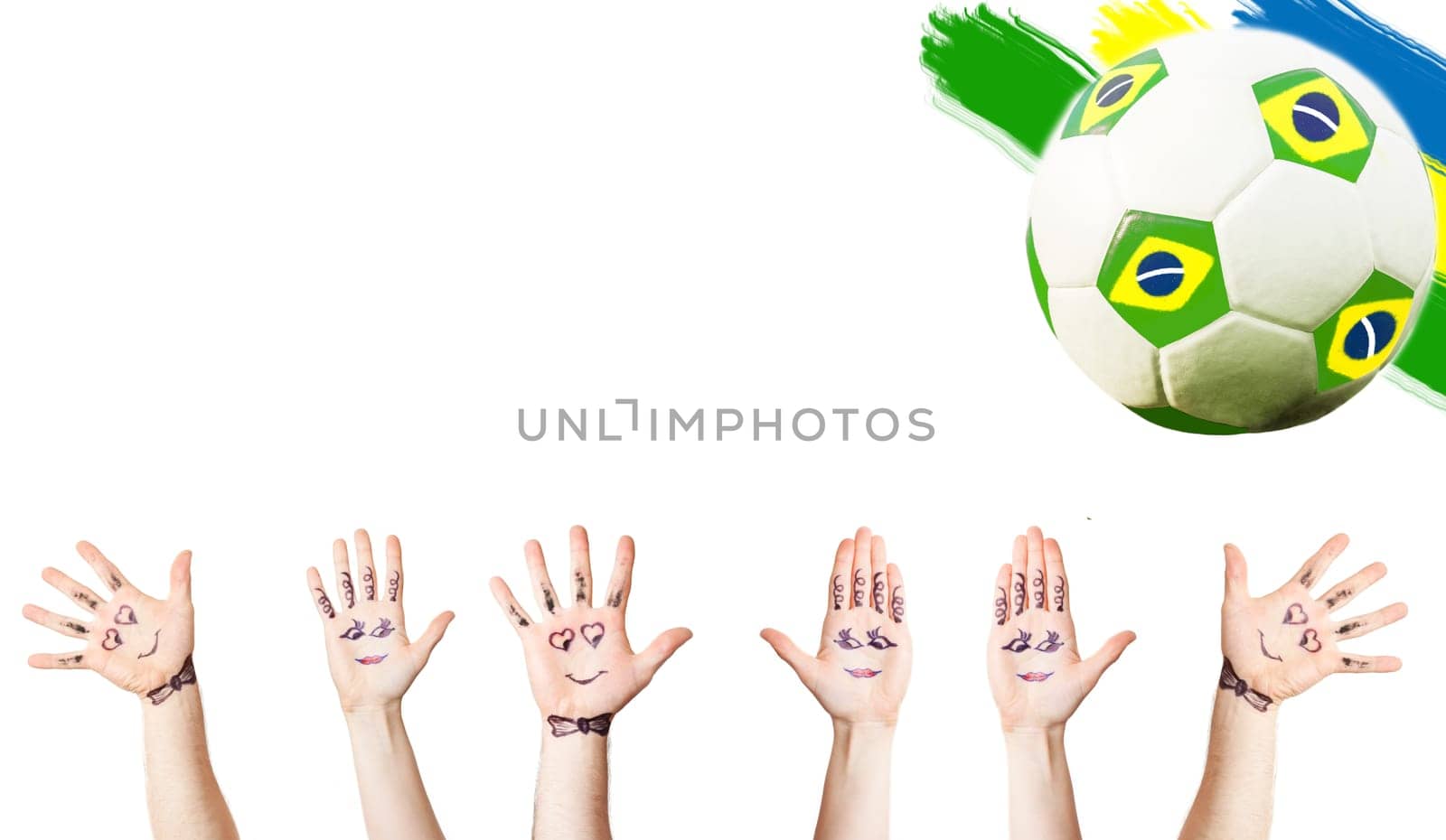 Cheering hands, soccer ball and the colors of the  Brazil flag