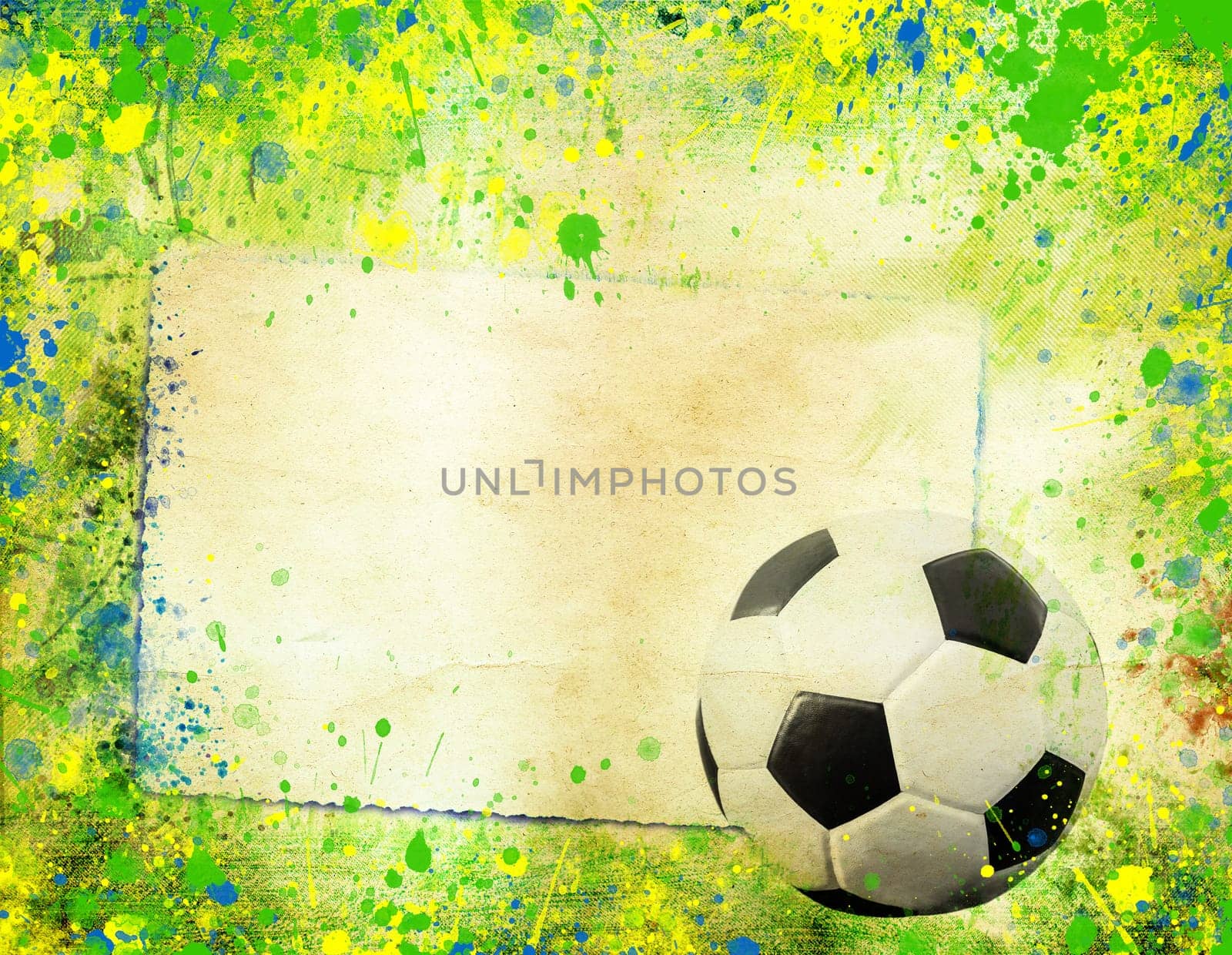 Photo of soccer ball and the colors of the Brazil flag