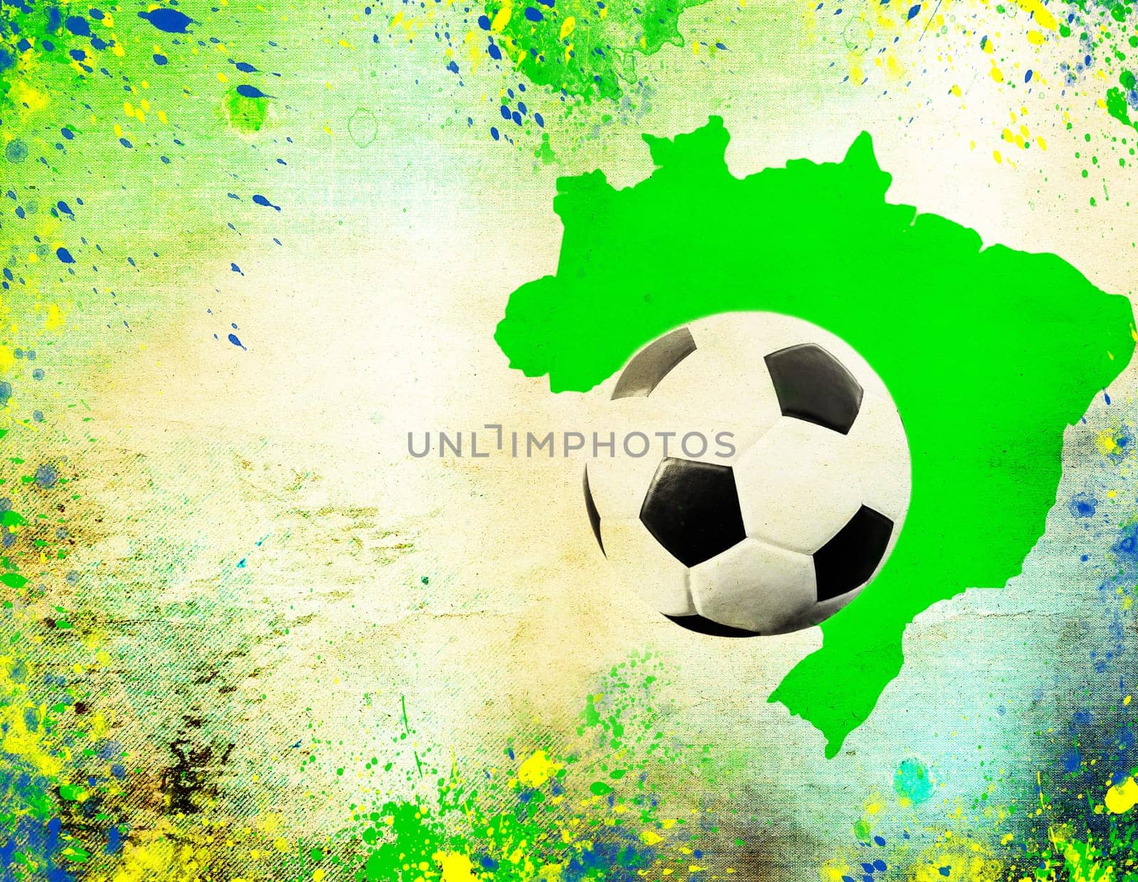 Vintage photo of soccer ball, Brazil map and the colors of the Brazil flag