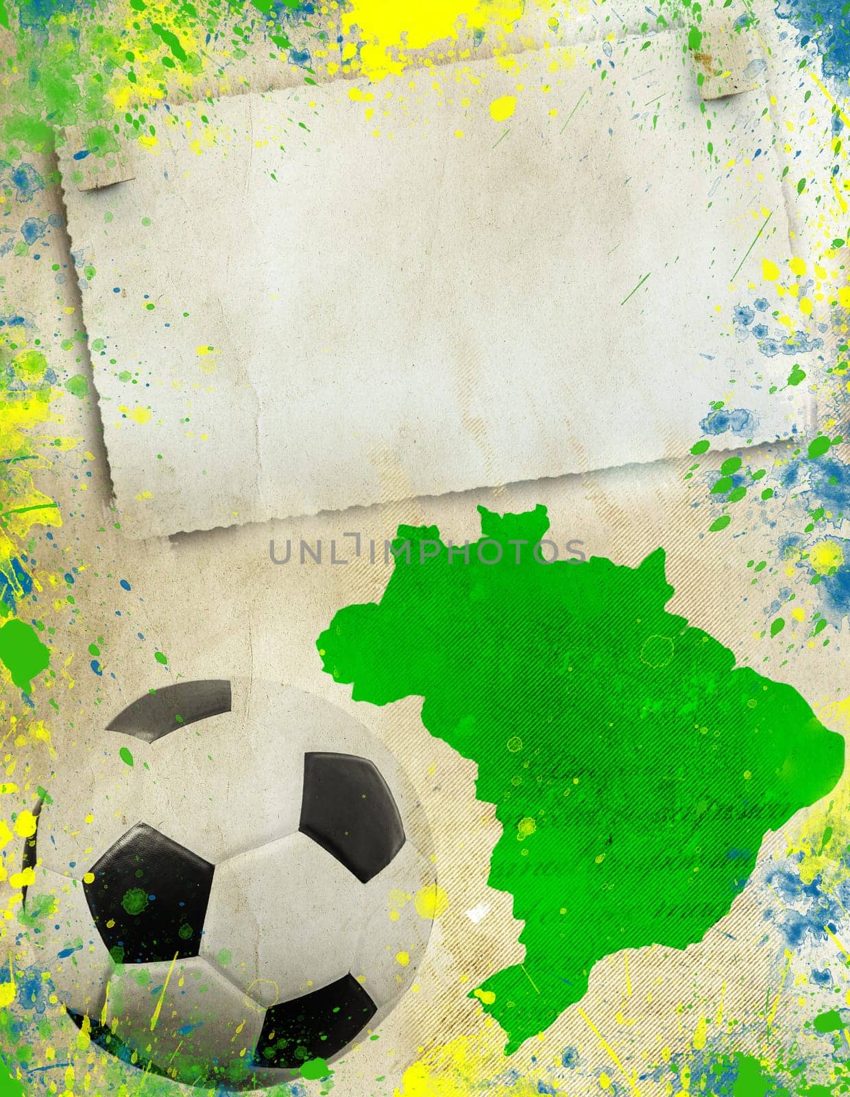 Vintage photo of soccer ball, Brazil map and the colors of the Brazil flag