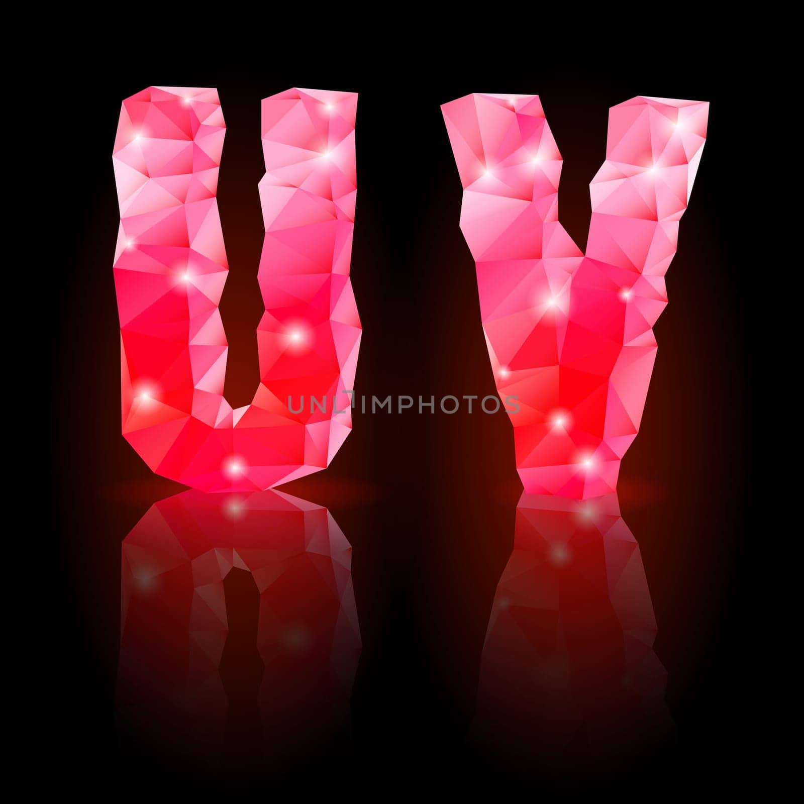 Shiny ruby polygonal font. Crystal style U and V letters with reflection on black background