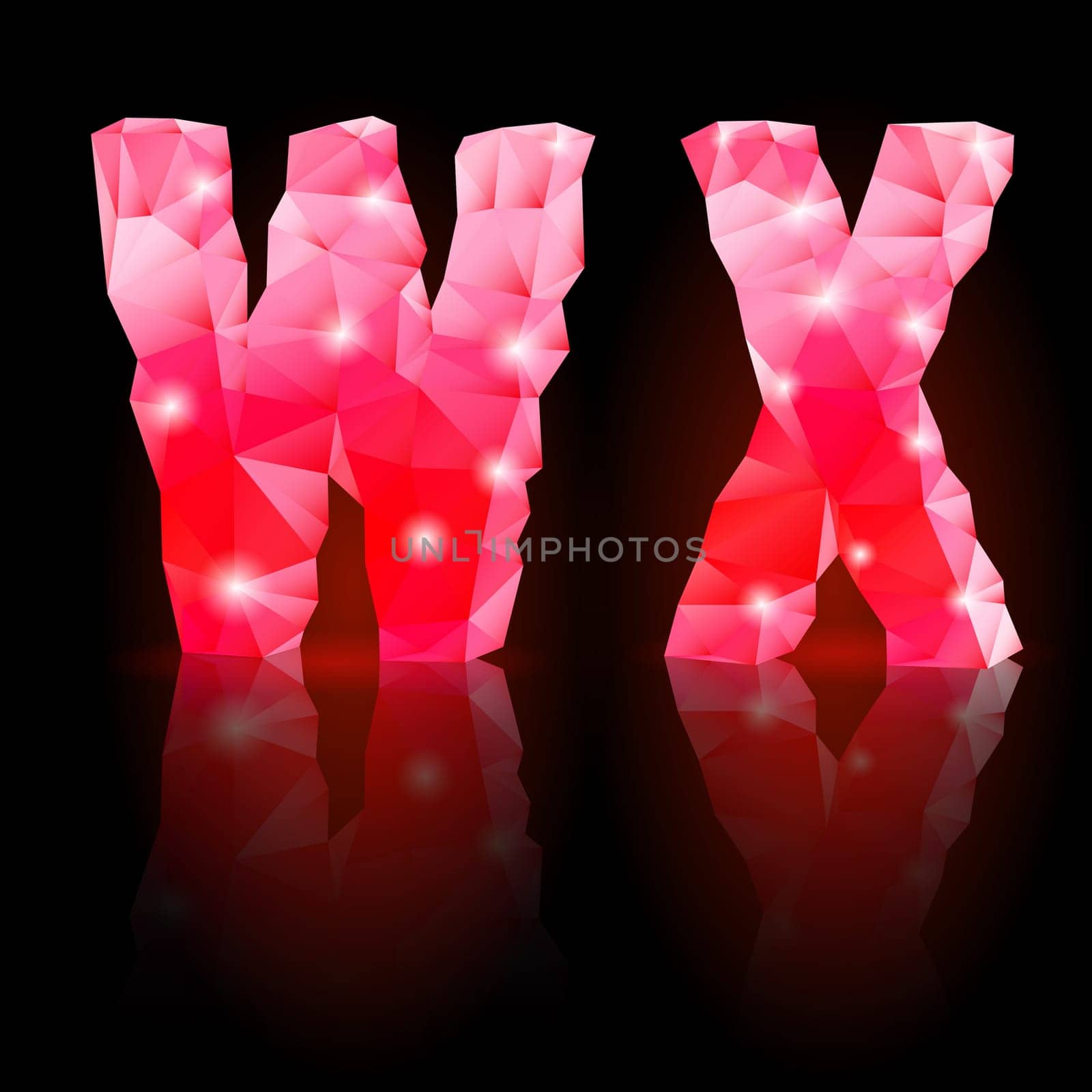 Shiny ruby polygonal font with reflection on black background. Crystal style W and X letters