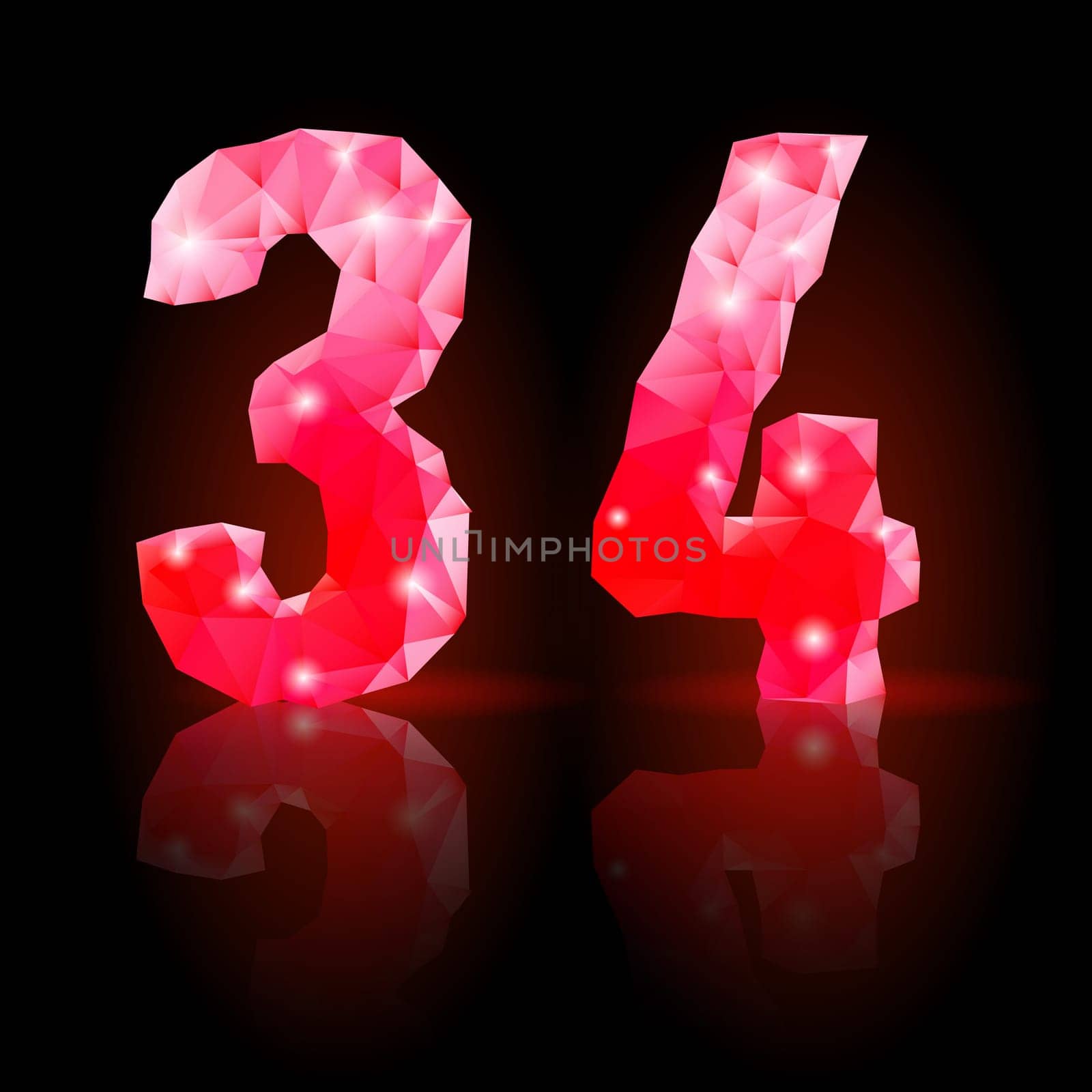 Shiny ruby polygonal font with reflection on black background. Crystal style 3 and 4 numerals