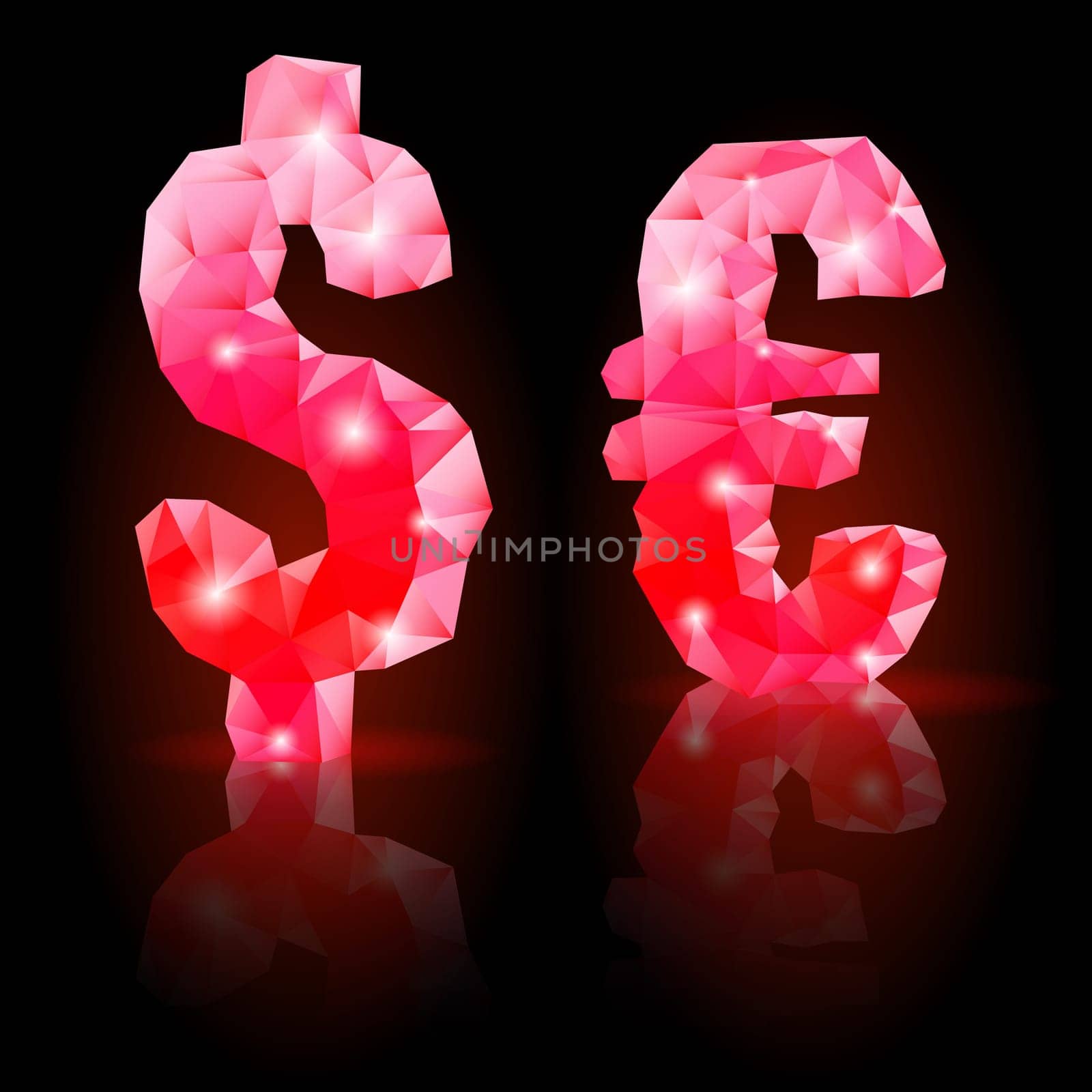 Shiny ruby polygonal font with reflection on black background. Crystal style dollar and euro signs