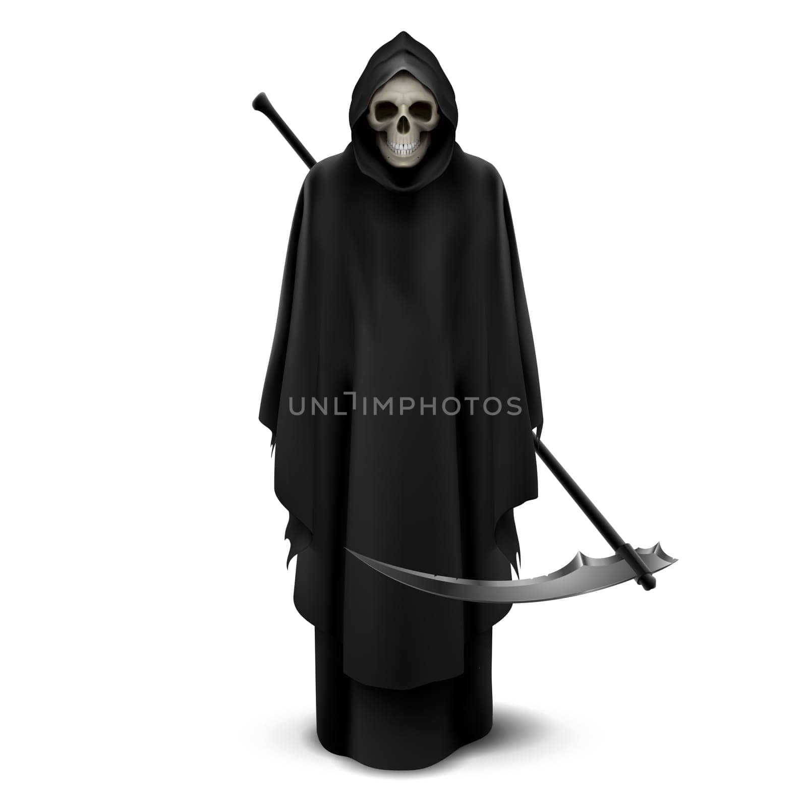 Angel of death with a scythe in his hands on white background.