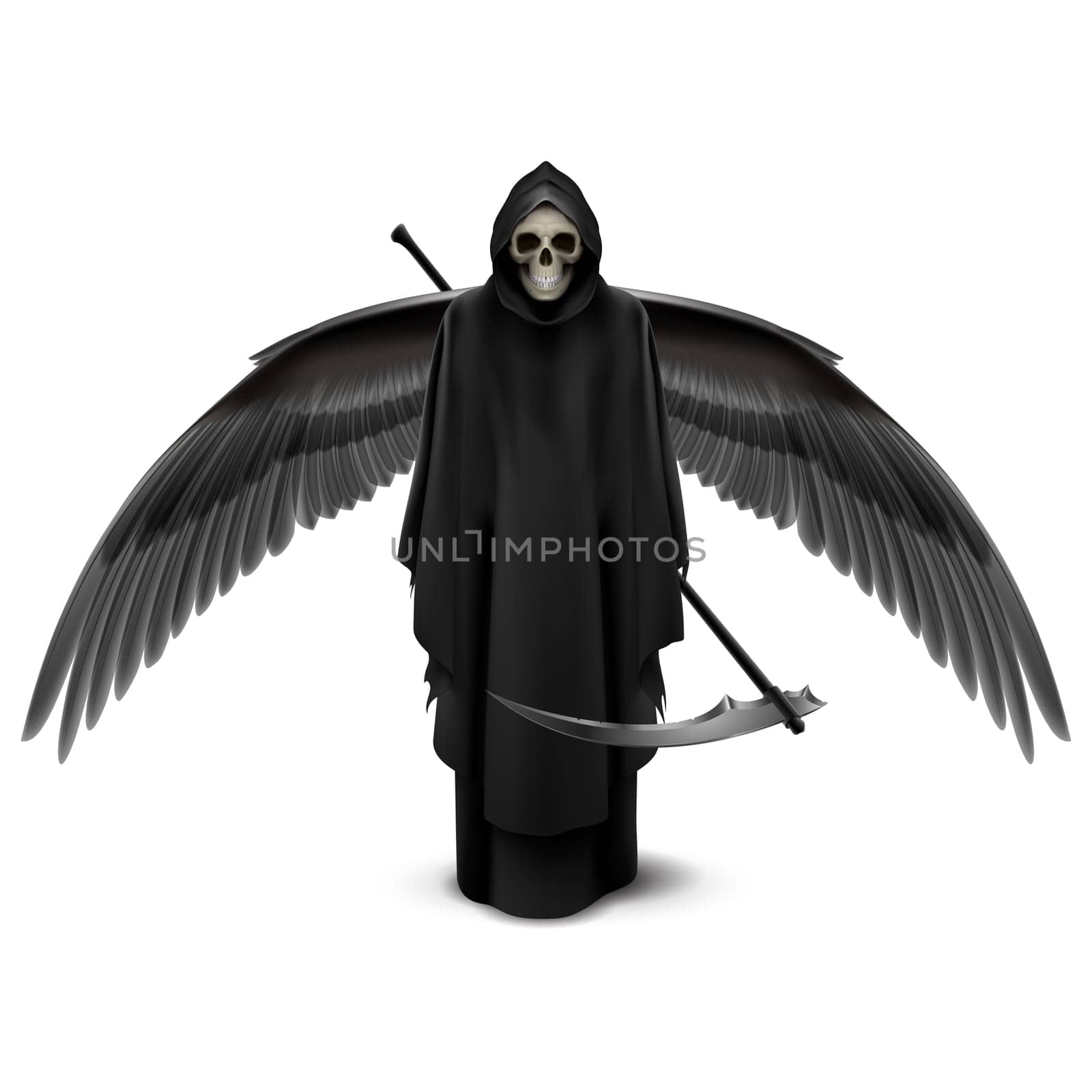 Angel of death with two wings and a scythe in his hands.
