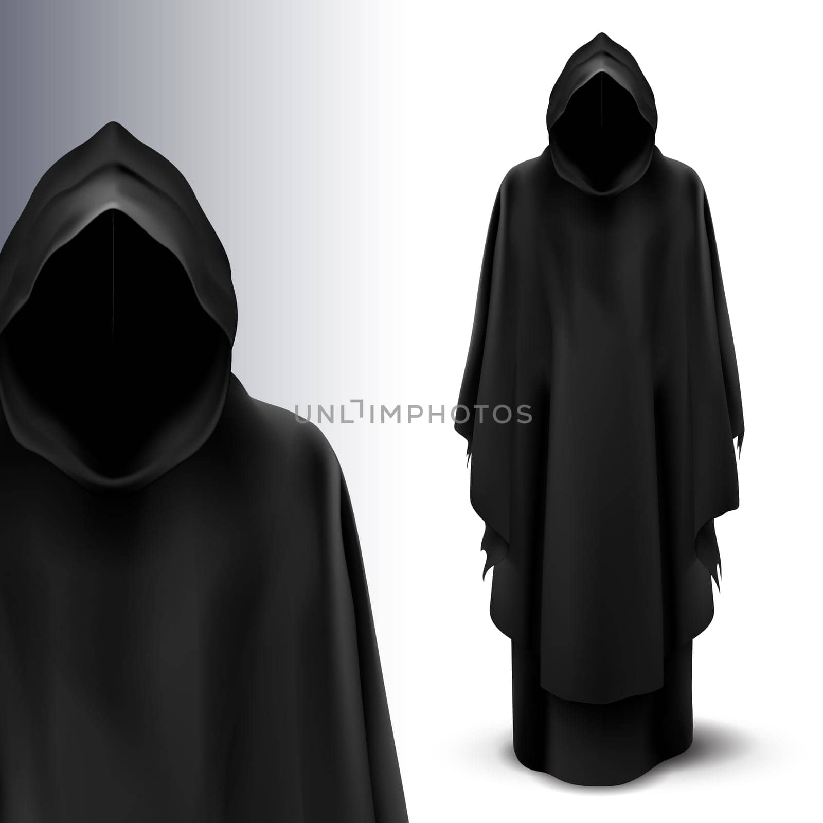 Two black figures of angels of death on gray background.