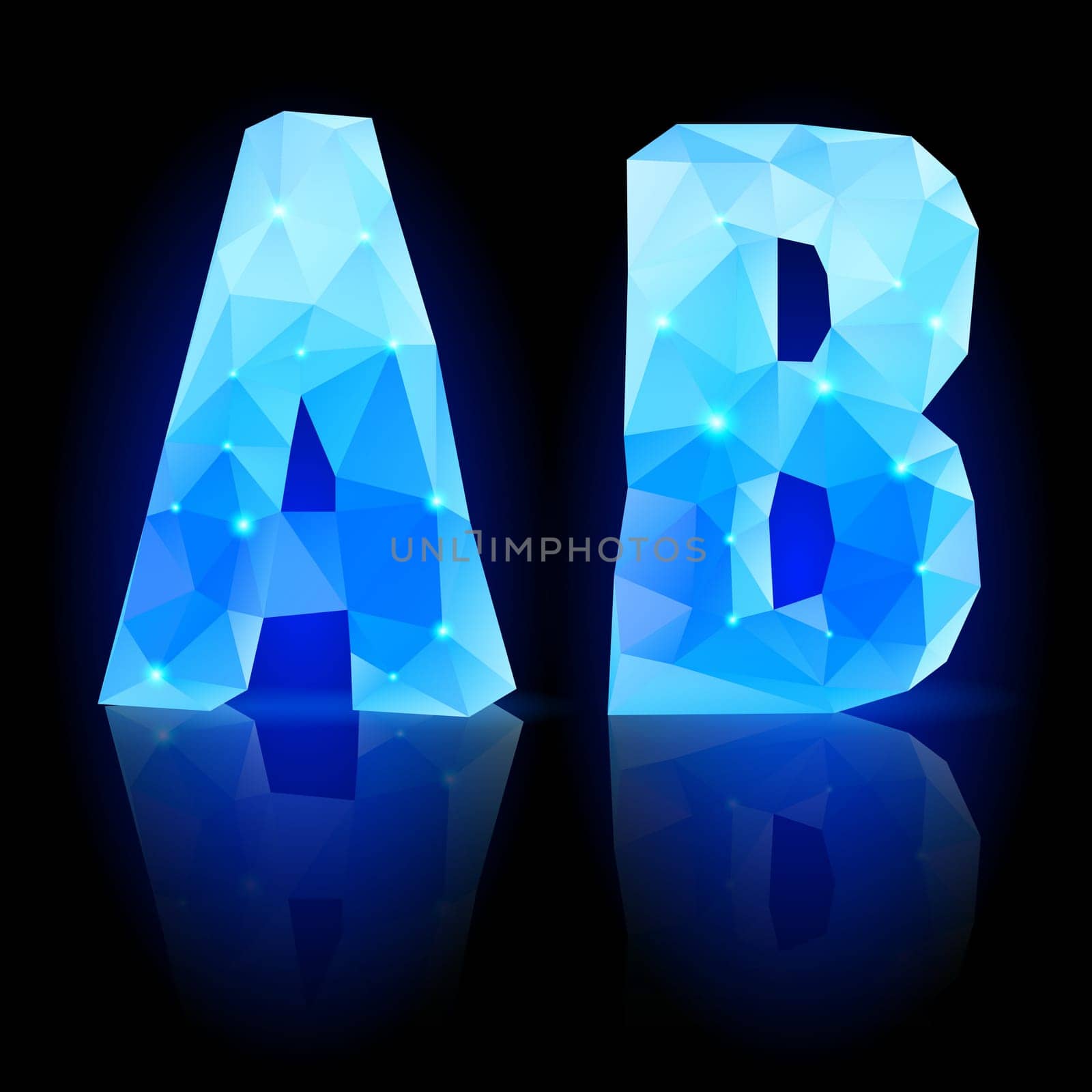 Shiny blue polygonal font. Crystal style A and B letters with reflection on black backround