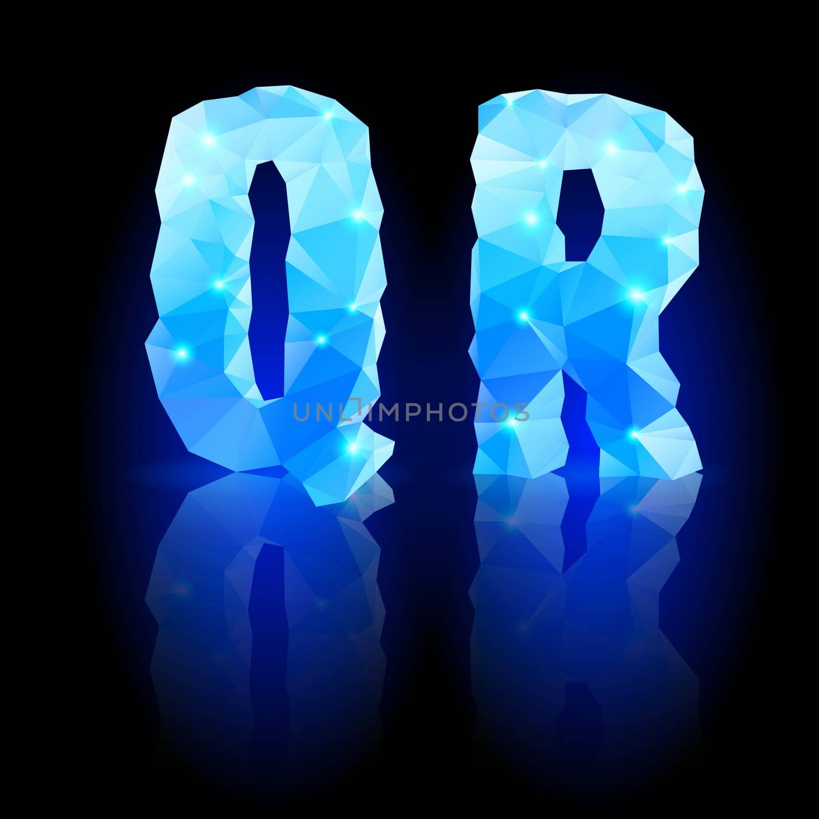 Shiny blue polygonal font. Crystal style Q and R letters with reflection on black backround