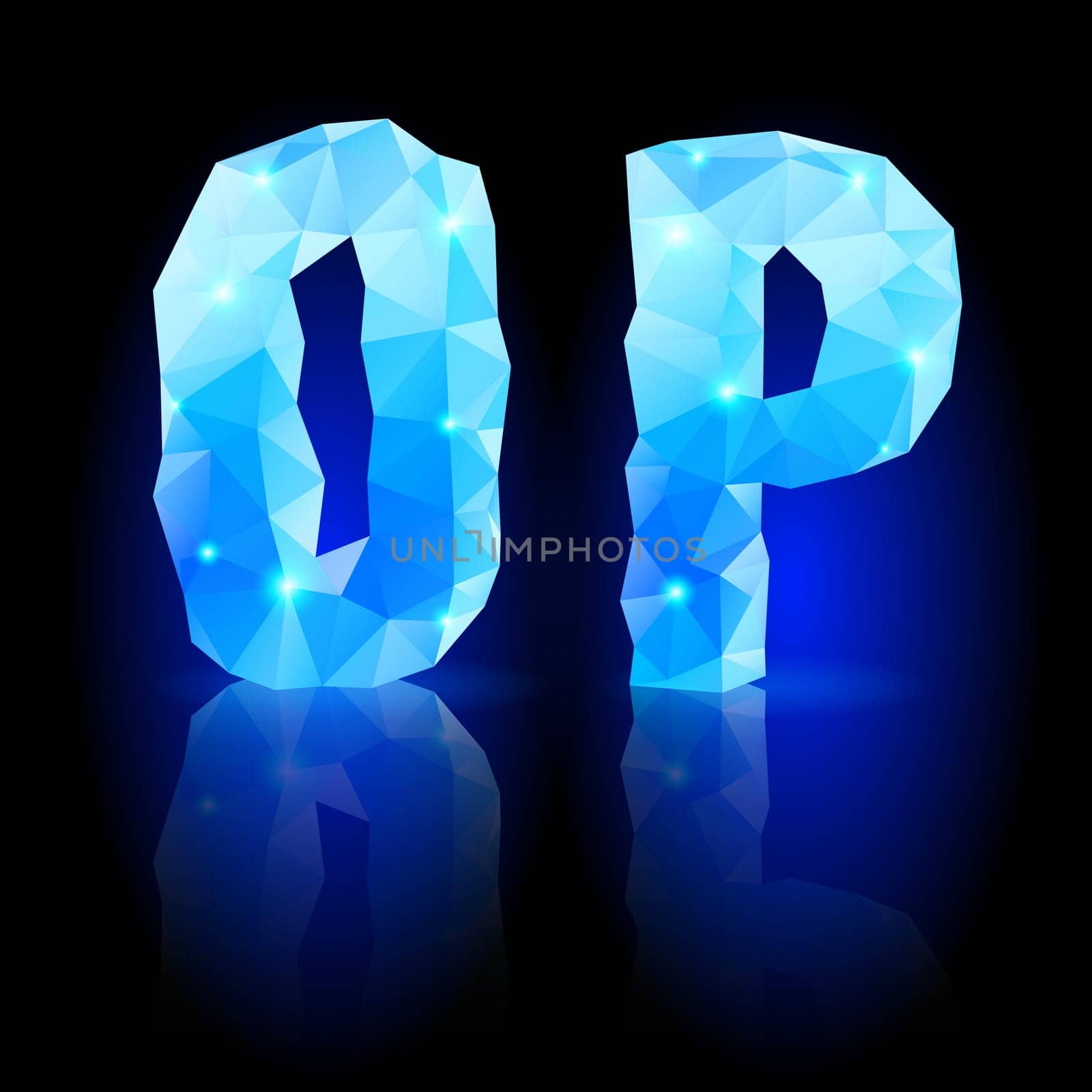 Shiny blue polygonal font. Crystal style O and P letters with reflection on black backround